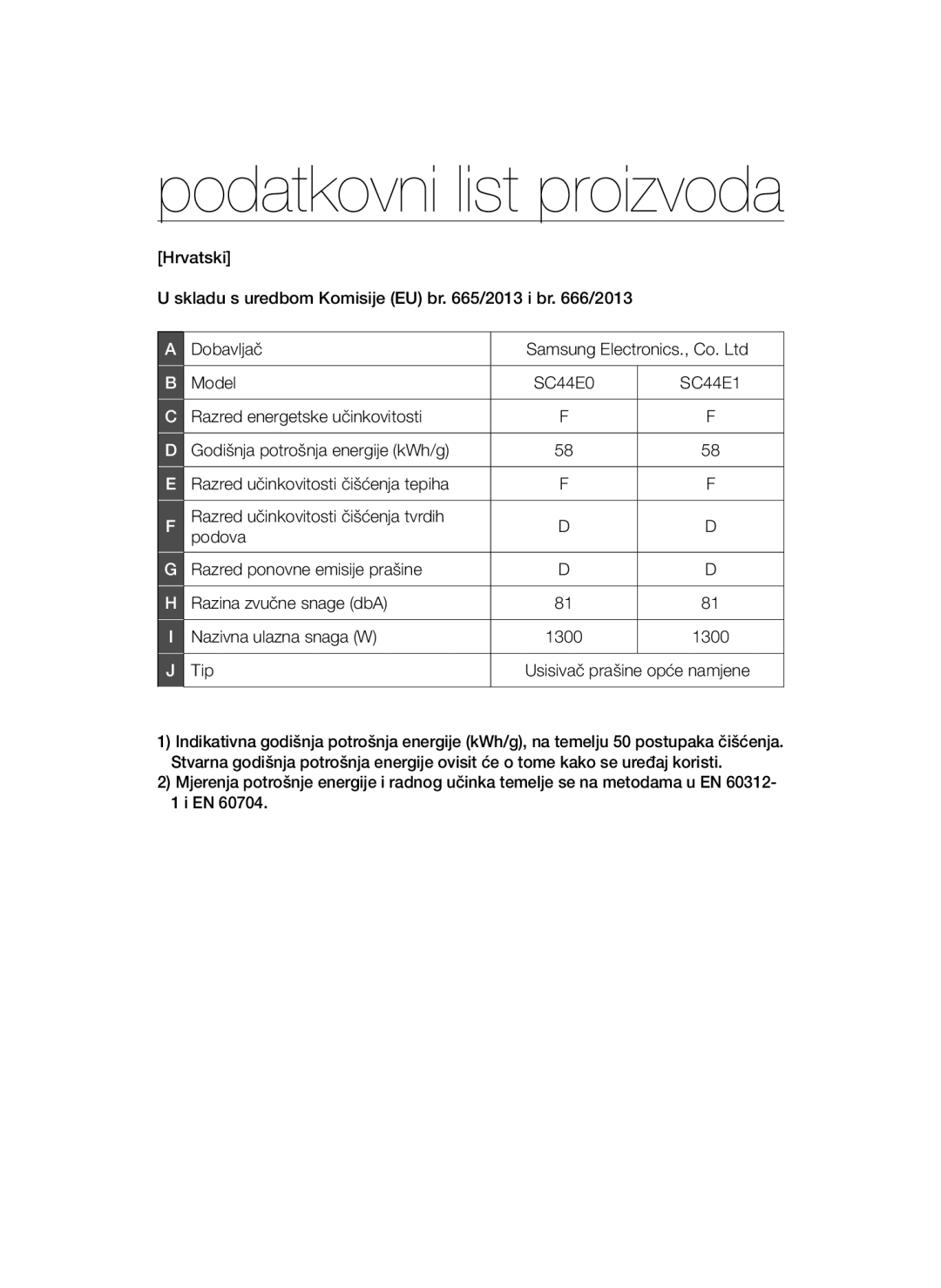 Samsung VCC44E1S3V/BOL, VCC4470S3O/UMG, VCC4470S3B/BOL manual Podatkovni list proizvoda, Tip Usisivač prašine opće namjene 