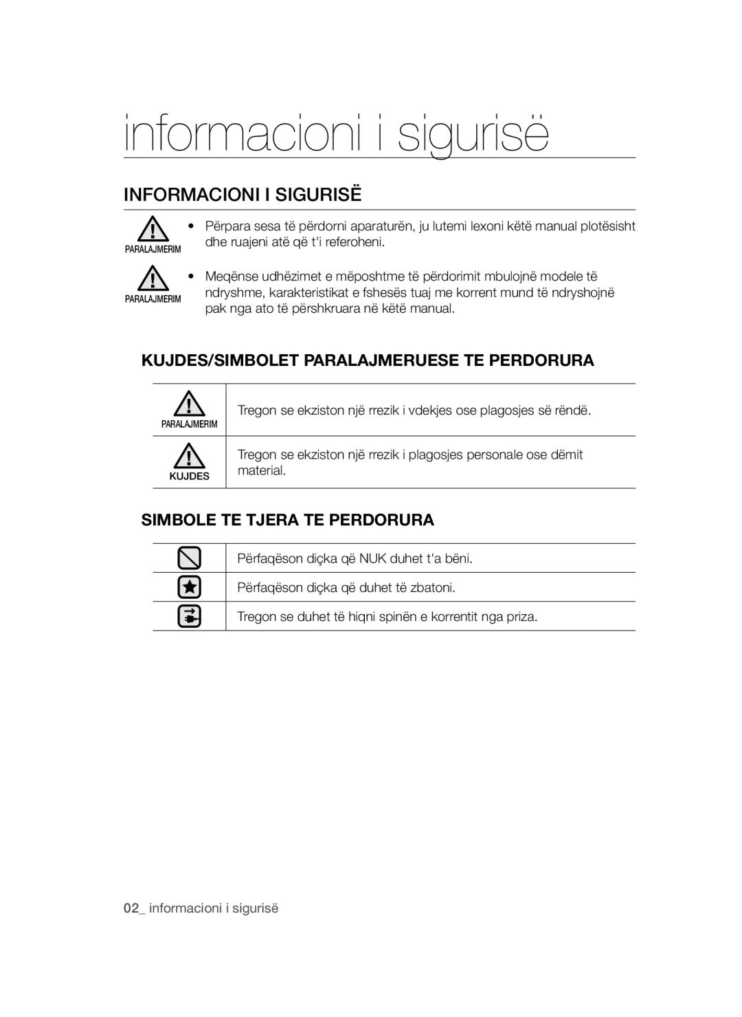 Samsung VCC44E0S3B/BOL manual Informacioni i sigurisë, Informacioni I Sigurisë, KUJDES/SIMBOLET Paralajmeruese TE Perdorura 