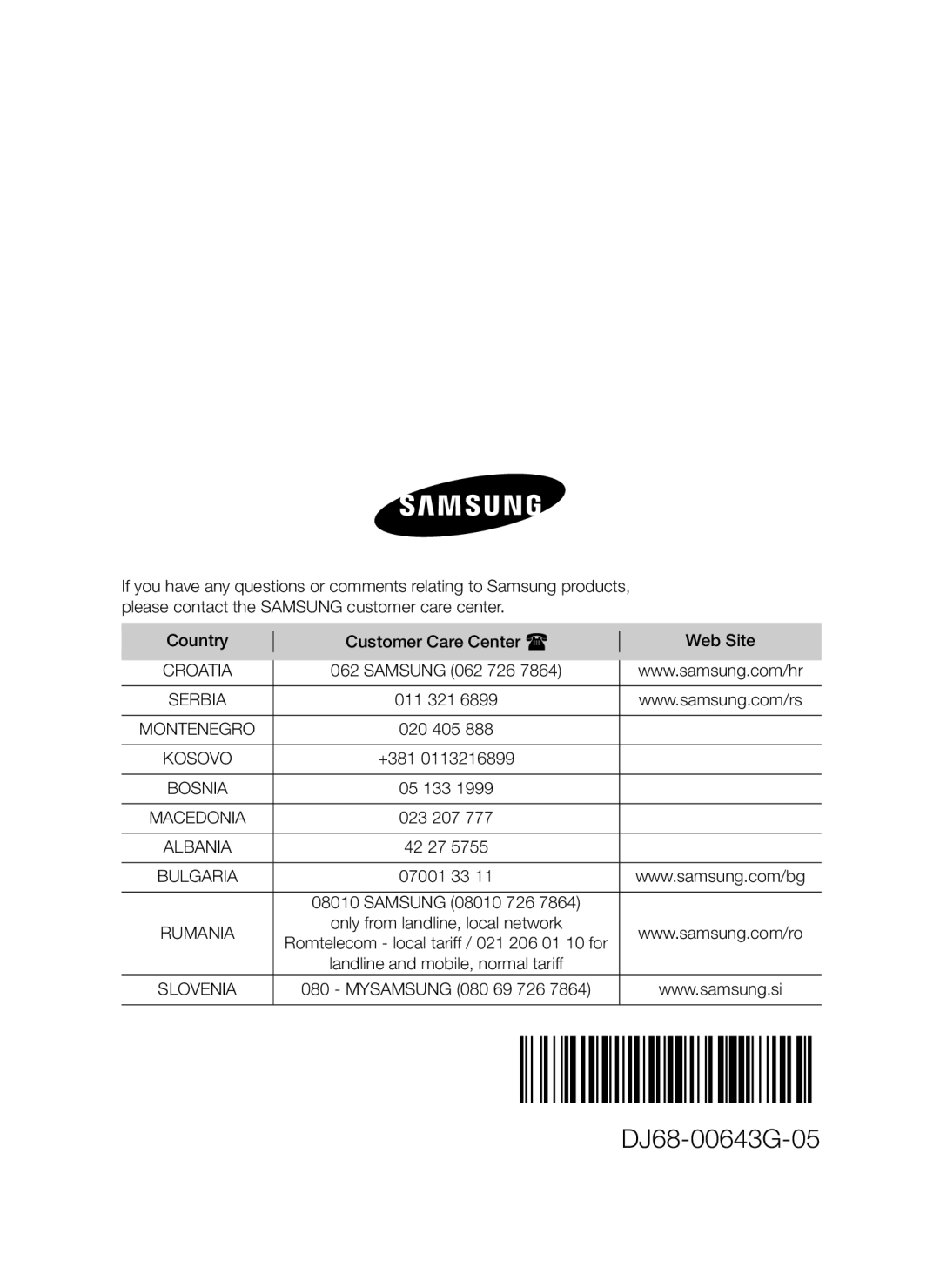 Samsung VCC4470S3O/UMG, VCC4470S3B/BOL, VCC44E0S3B/BOL, VCC44E0S3G/BOL, VCC44E0S3O/BOL, VCC4470S3G/BOL manual DJ68-00643G-05 