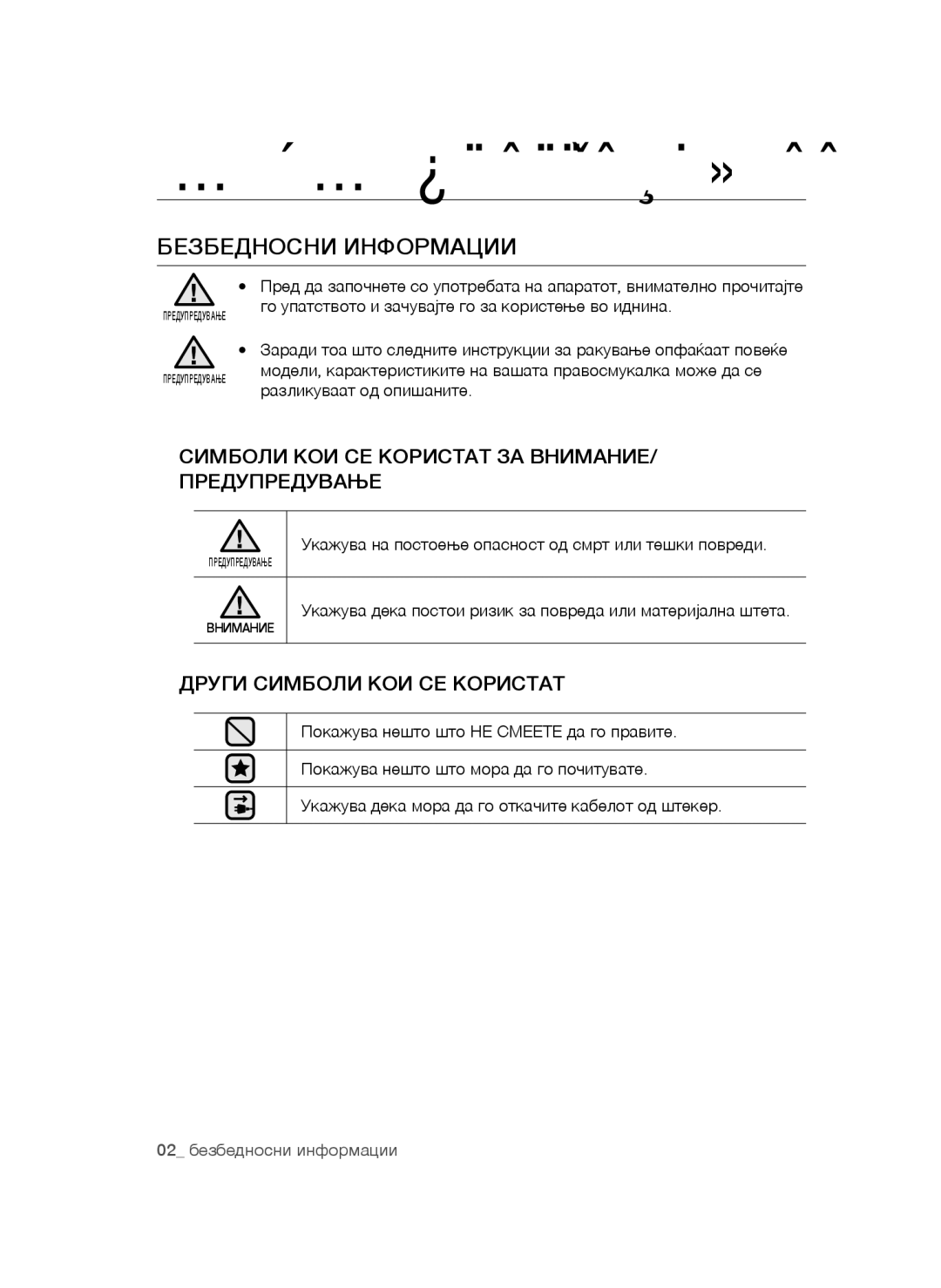 Samsung VCC44E0S3B/BOL, VCC4470S3O/UMG manual Безбедносни Информации, Укажува на постоење опасност од смрт или тешки повреди 