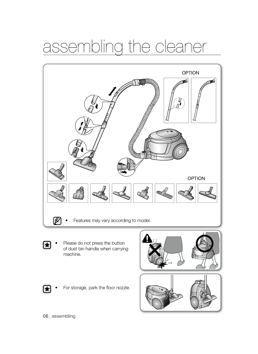 Samsung VCC4470S3V/BOL, VCC4470S3O/UMG, VCC4470S3B/BOL, VCC44E0S3B/BOL, VCC44E0S3G/BOL manual Assembling the cleaner, Option 