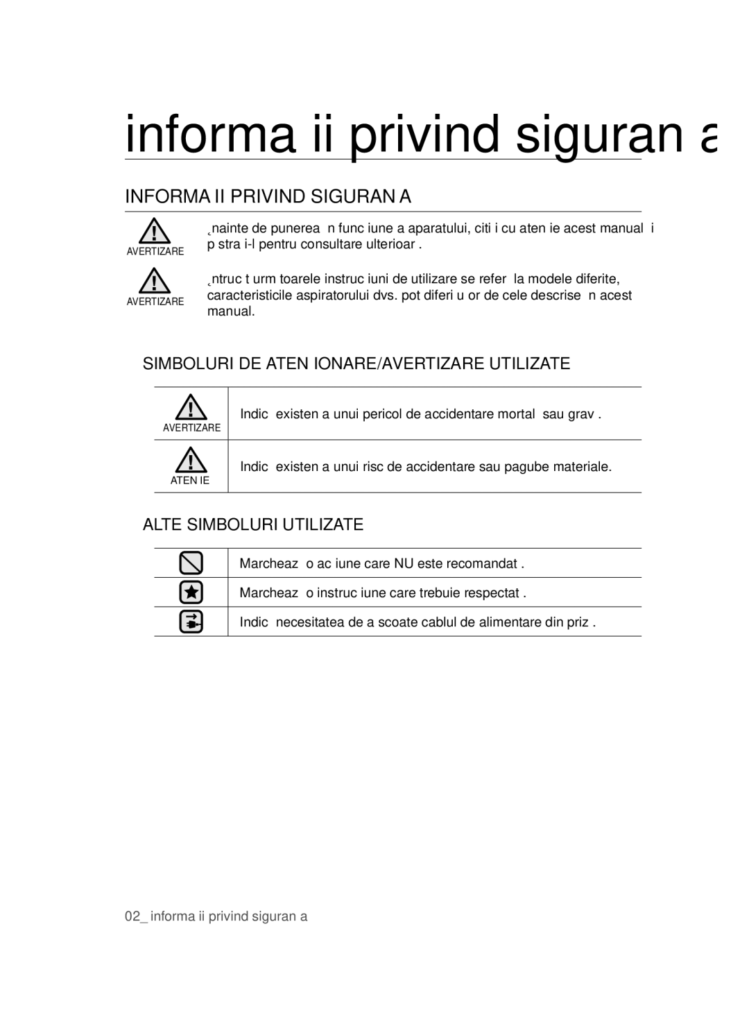 Samsung VCC44E0S3B/BOL manual Informaţii privind siguranţa, Informaţii Privind Siguranţa, Alte Simboluri Utilizate 