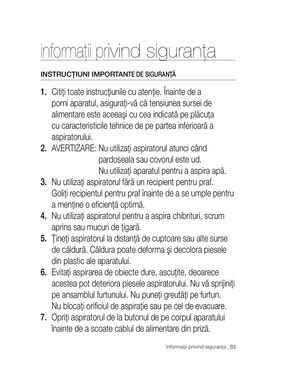 Samsung VCC44E0S3G/BOL, VCC4470S3O/UMG, VCC4470S3B/BOL, VCC44E0S3B/BOL, VCC44E0S3O/BOL Instrucţiuni Importante DE Siguranţă 