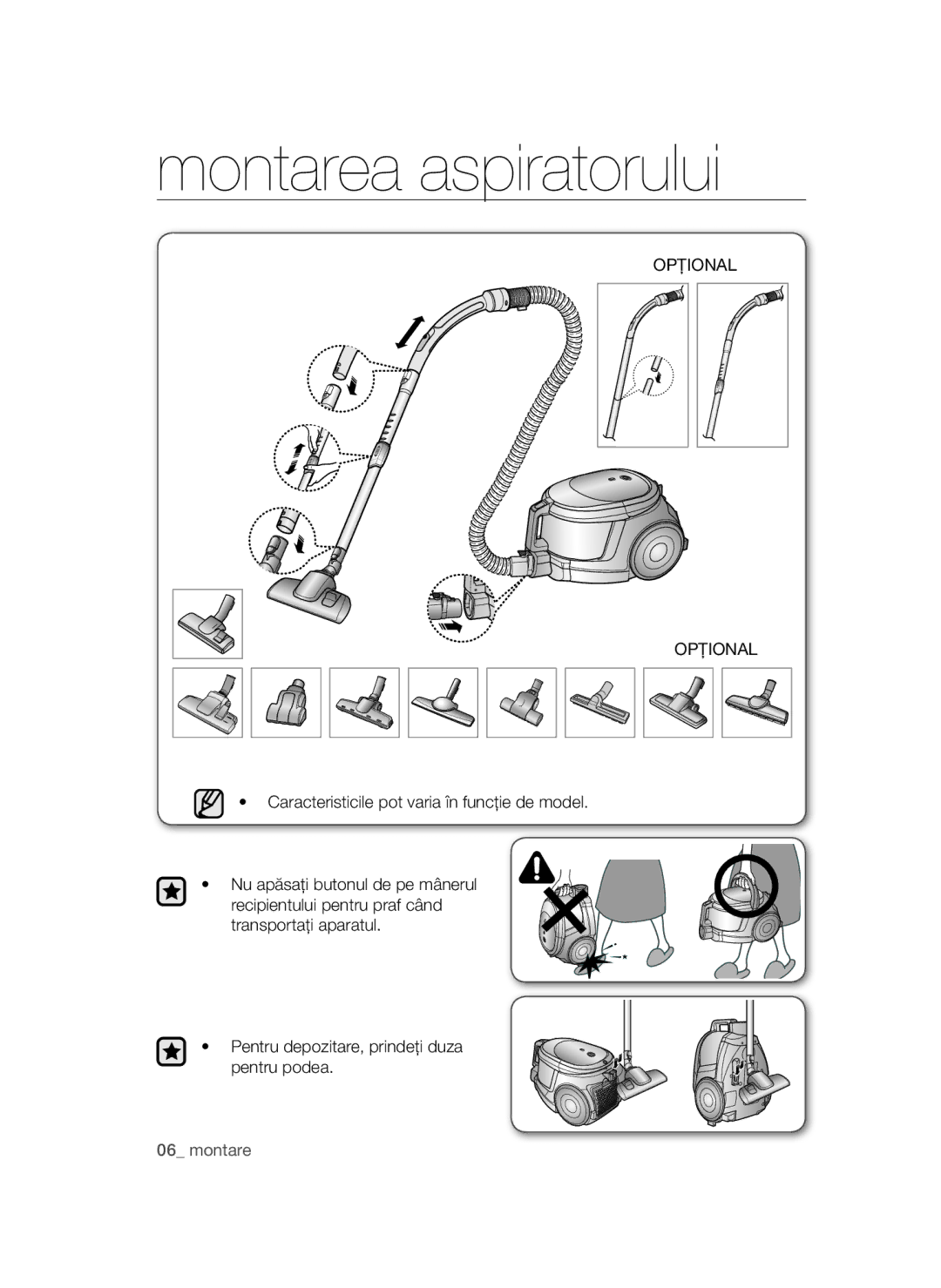 Samsung VCC4470S3V/BOL, VCC4470S3O/UMG, VCC4470S3B/BOL, VCC44E0S3B/BOL, VCC44E0S3G/BOL manual Montarea aspiratorului, Opţional 