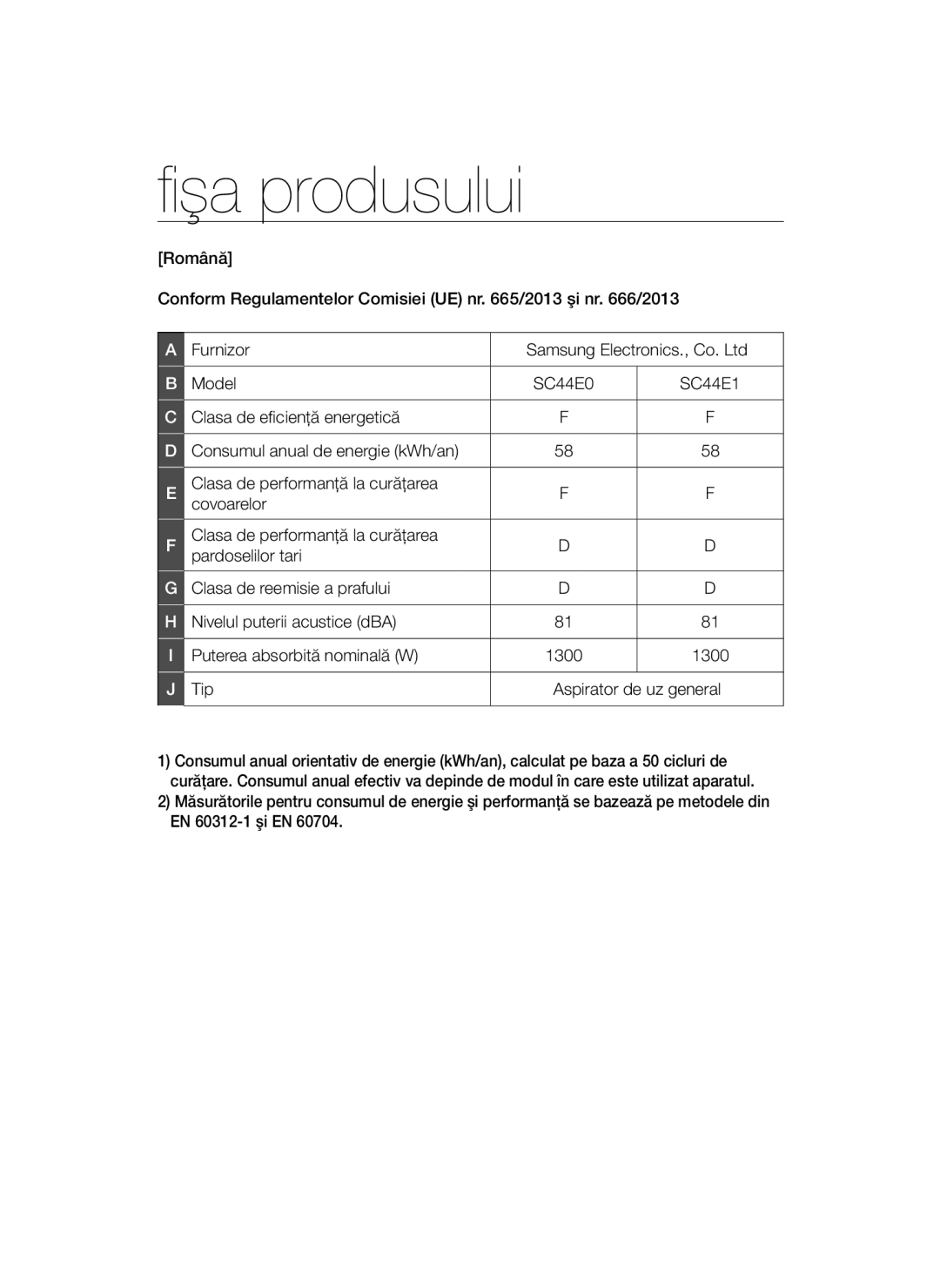 Samsung VCC44E1S3V/BOL, VCC4470S3O/UMG manual Fişa produsului, Clasa de eficienţă energetică, Tip Aspirator de uz general 