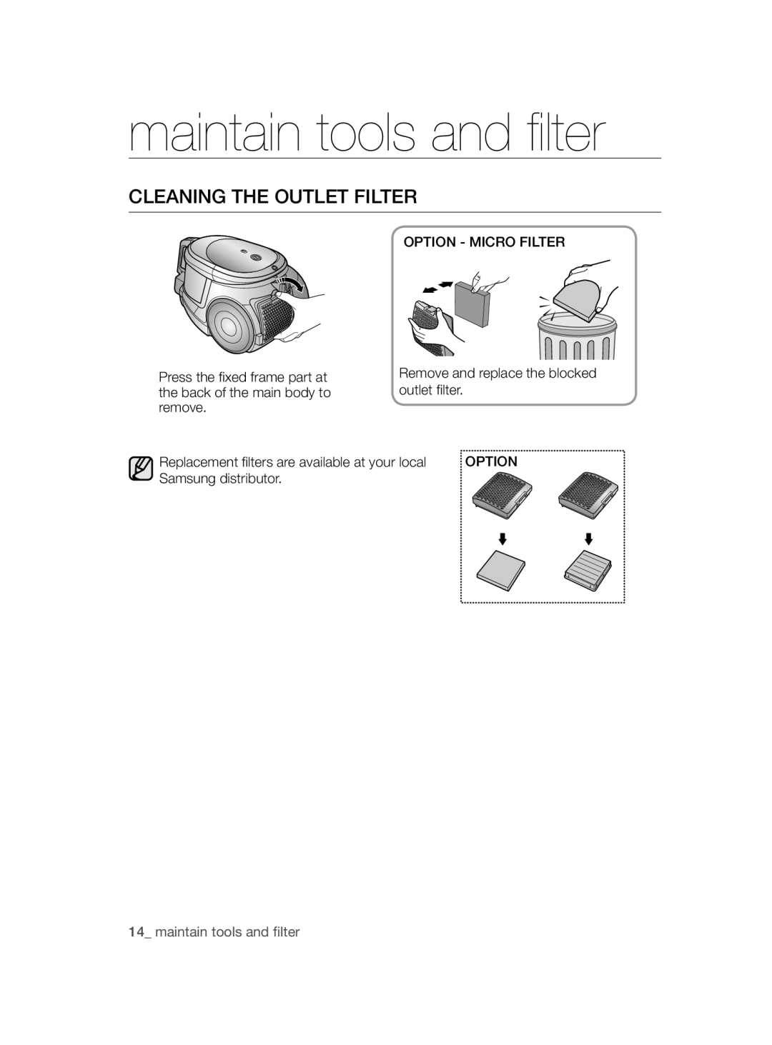 Samsung VCC4470S3O/UMG Cleaning the Outlet Filter, Option Micro Filter, Press the ﬁ xed frame part at, Samsung distributor 