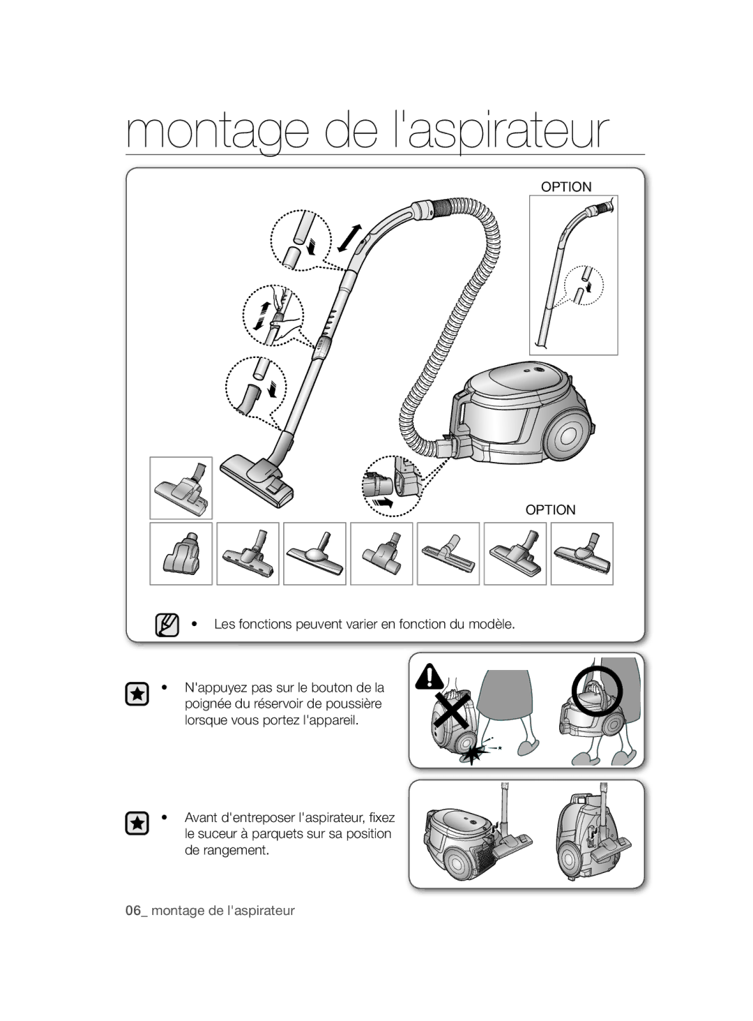 Samsung VCC4470S3O/UMG manual Montage de laspirateur, Les fonctions peuvent varier en fonction du modèle 