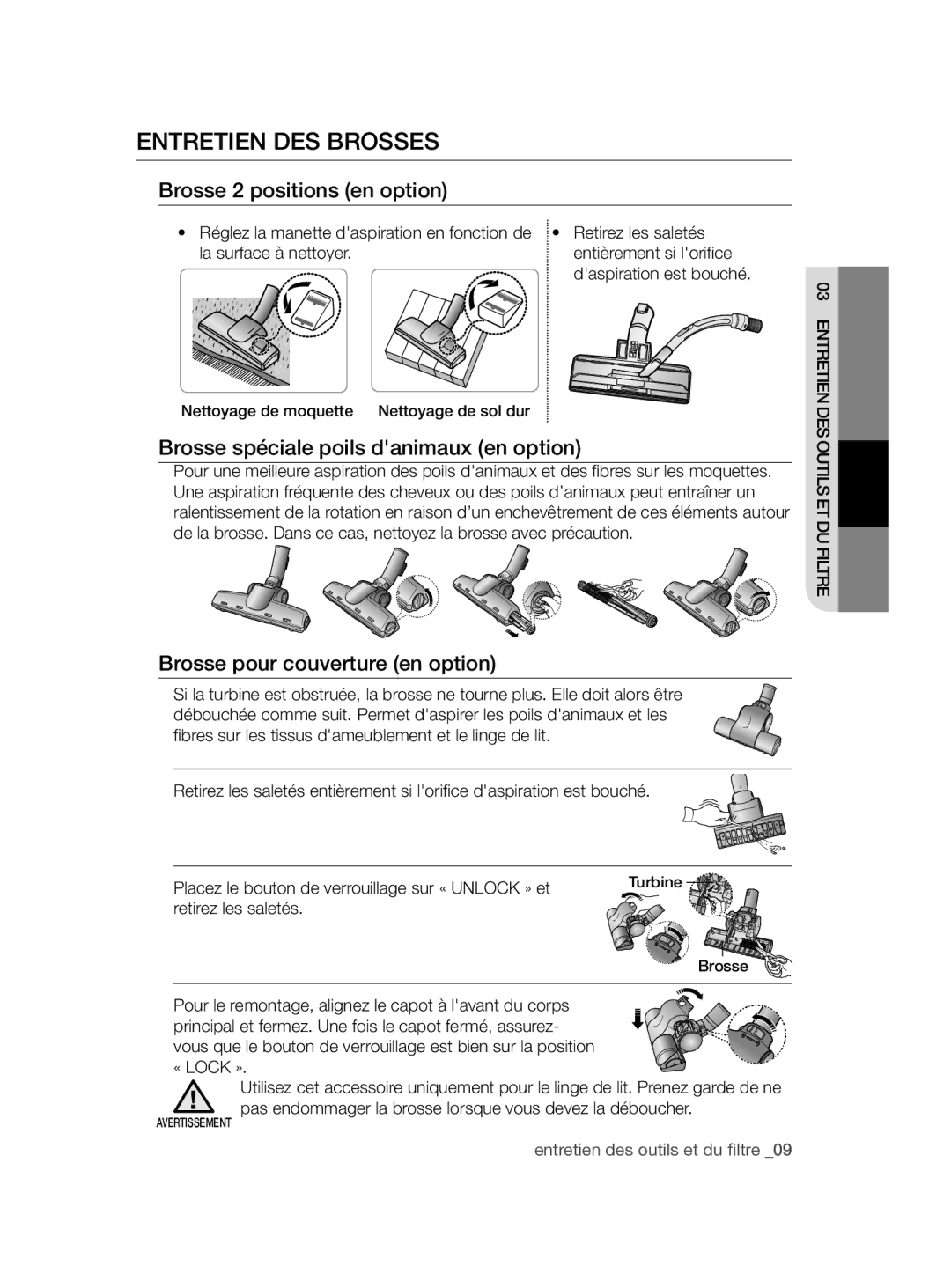 Samsung VCC4470S3O/UMG manual Entretien DES Brosses, Brosse 2 positions en option 