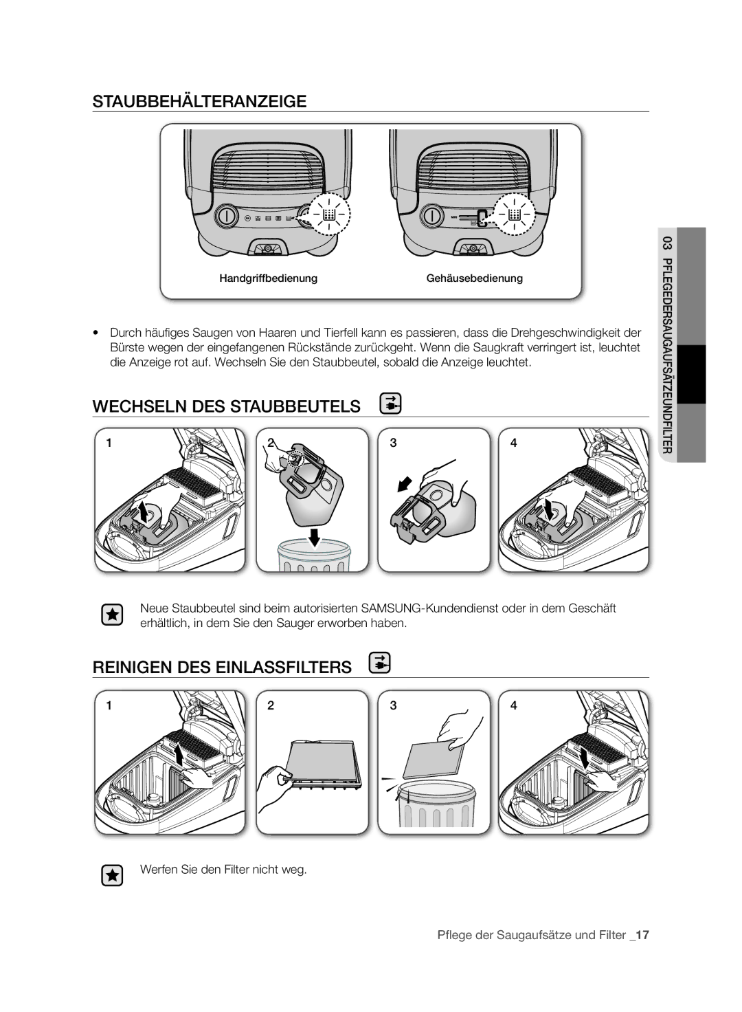 Samsung VC07F60WNUR/GE, VCC4470S3R/XTR manual Staubbehälteranzeige, Wechseln DES Staubbeutels, Reinigen DES Einlassfilters 