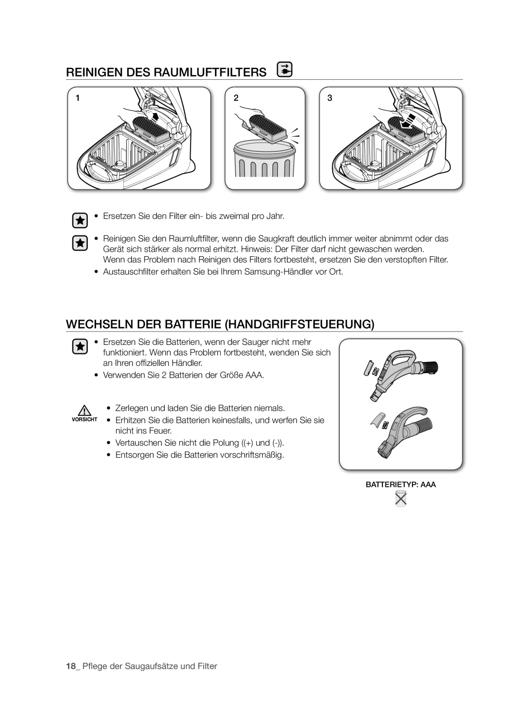 Samsung VC21F60YKGC/GE, VCC4470S3R/XTR manual Reinigen DES Raumluftfilters, Wechseln DER Batterie Handgriffsteuerung 