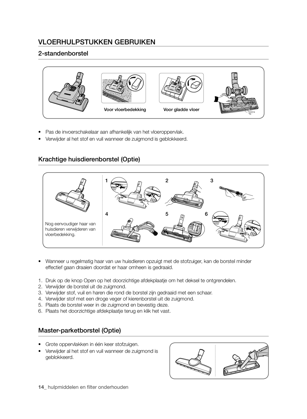 Samsung VC21F50VNAR/EG, VCC4470S3R/XTR manual Vloerhulpstukken Gebruiken, Standenborstel, Krachtige huisdierenborstel Optie 