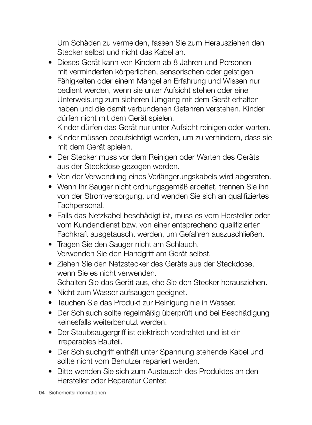 Samsung VC21F50VNAR/EO, VCC4470S3R/XTR, VC07F60WNUR/EG, VC08F60YKSC/EG, VC07F60JUVB/EG manual Sicherheitsinformationen 