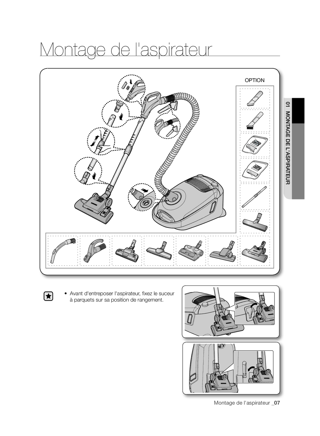 Samsung VC07F60JUVB/GE, VCC4470S3R/XTR, VC07F60WNUR/EG, VC08F60YKSC/EG manual Montage de laspirateur, Montage DE Laspirateur 