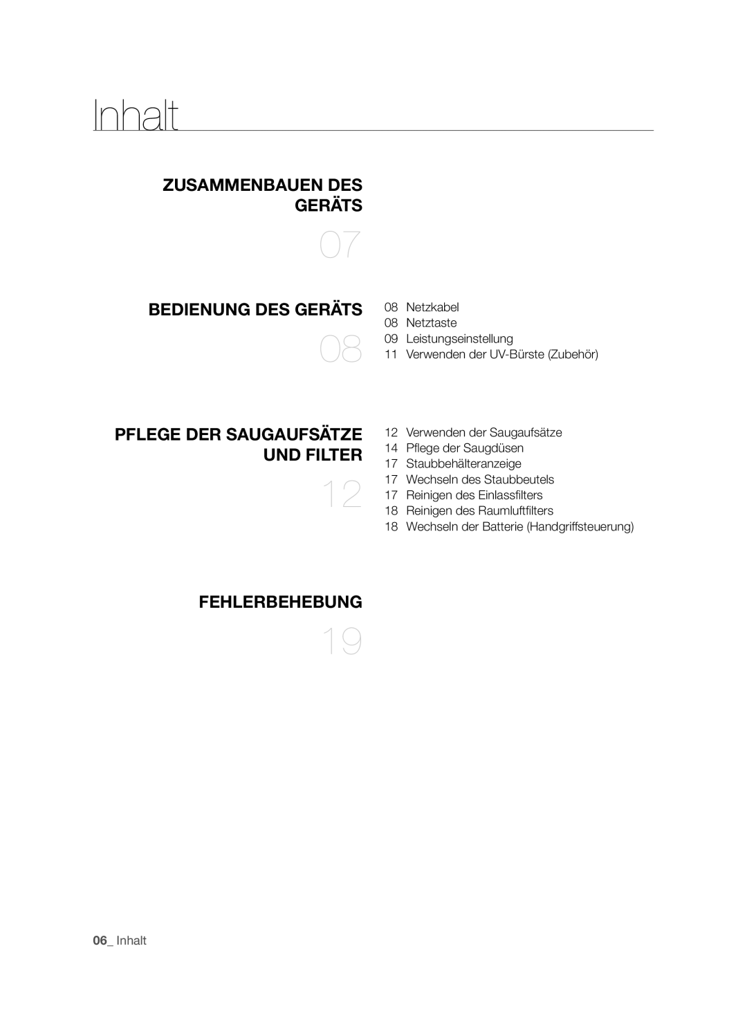 Samsung VC08F60JUVB/EG, VCC4470S3R/XTR, VC07F60WNUR/EG, VC08F60YKSC/EG, VC07F60JUVB/EG, VC21F50VNAR/EO Inhalt, Fehlerbehebung 