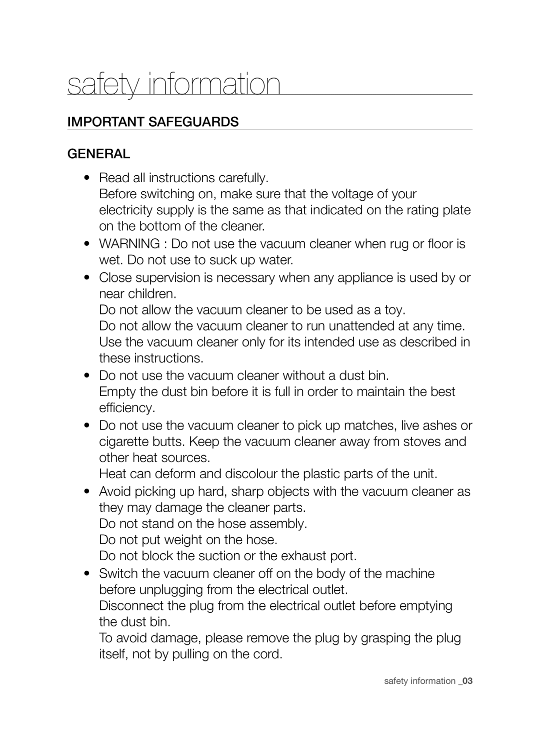 Samsung VC07F60WNUR/GE, VCC4470S3R/XTR, VC07F60WNUR/EG, VC08F60YKSC/EG, VC07F60JUVB/EG manual Important Safeguards General 