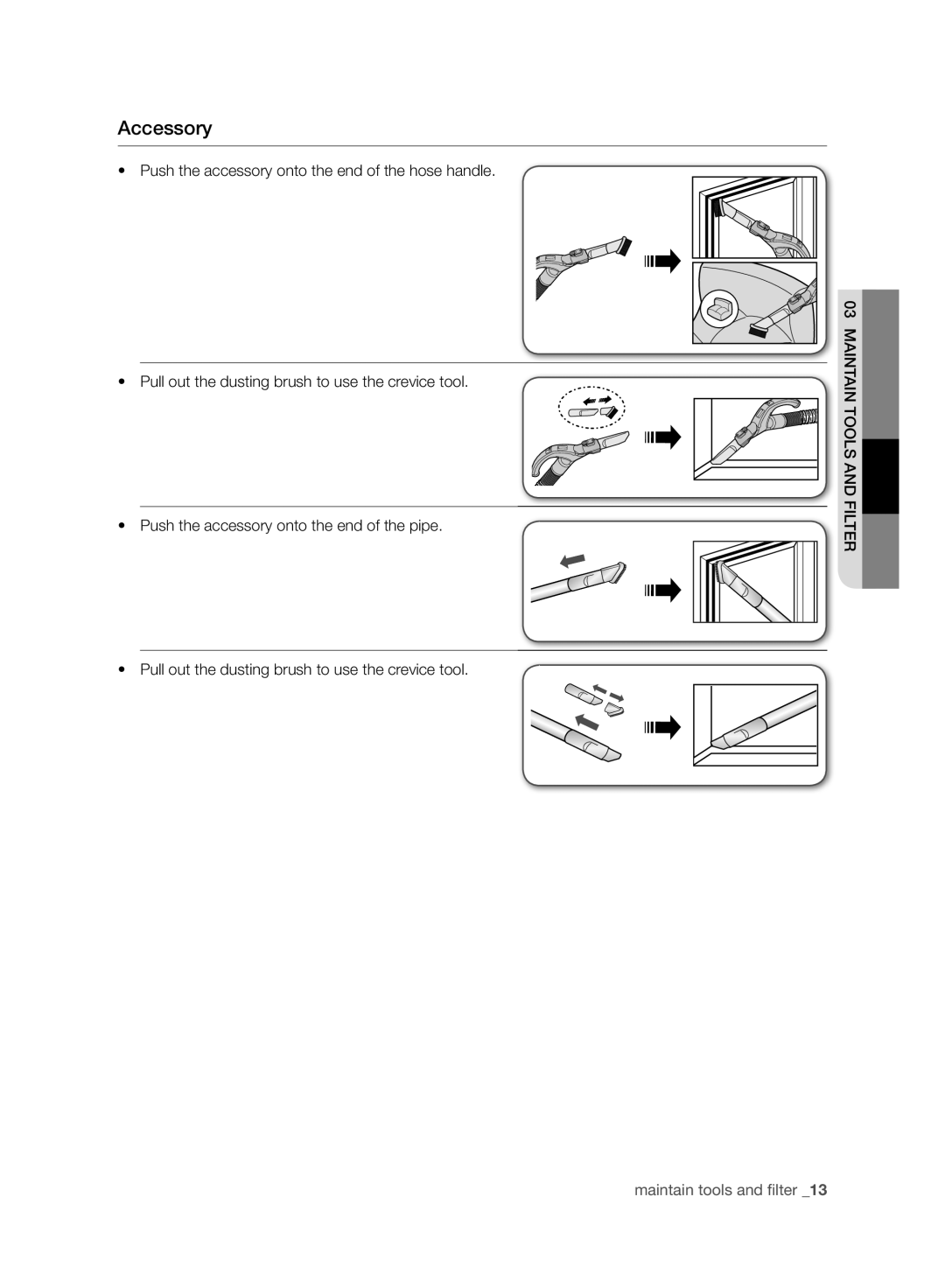 Samsung VC07F60WNUR/EG, VCC4470S3R/XTR, VC08F60YKSC/EG, VC07F60JUVB/EG, VC21F50VNAR/EO manual Maintain Tools and Filter 