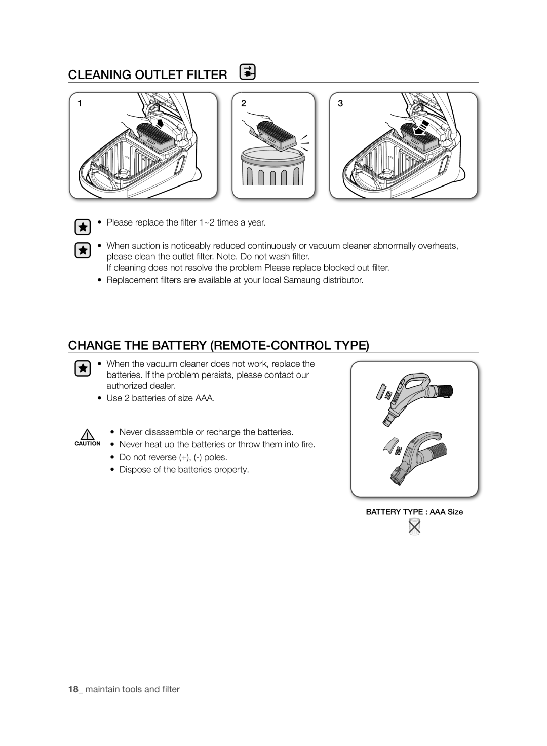Samsung VC08F60JUVB/EG, VCC4470S3R/XTR, VC07F60WNUR/EG manual Cleaning Outlet Filter, Change the Battery REMOTE-CONTROL Type 