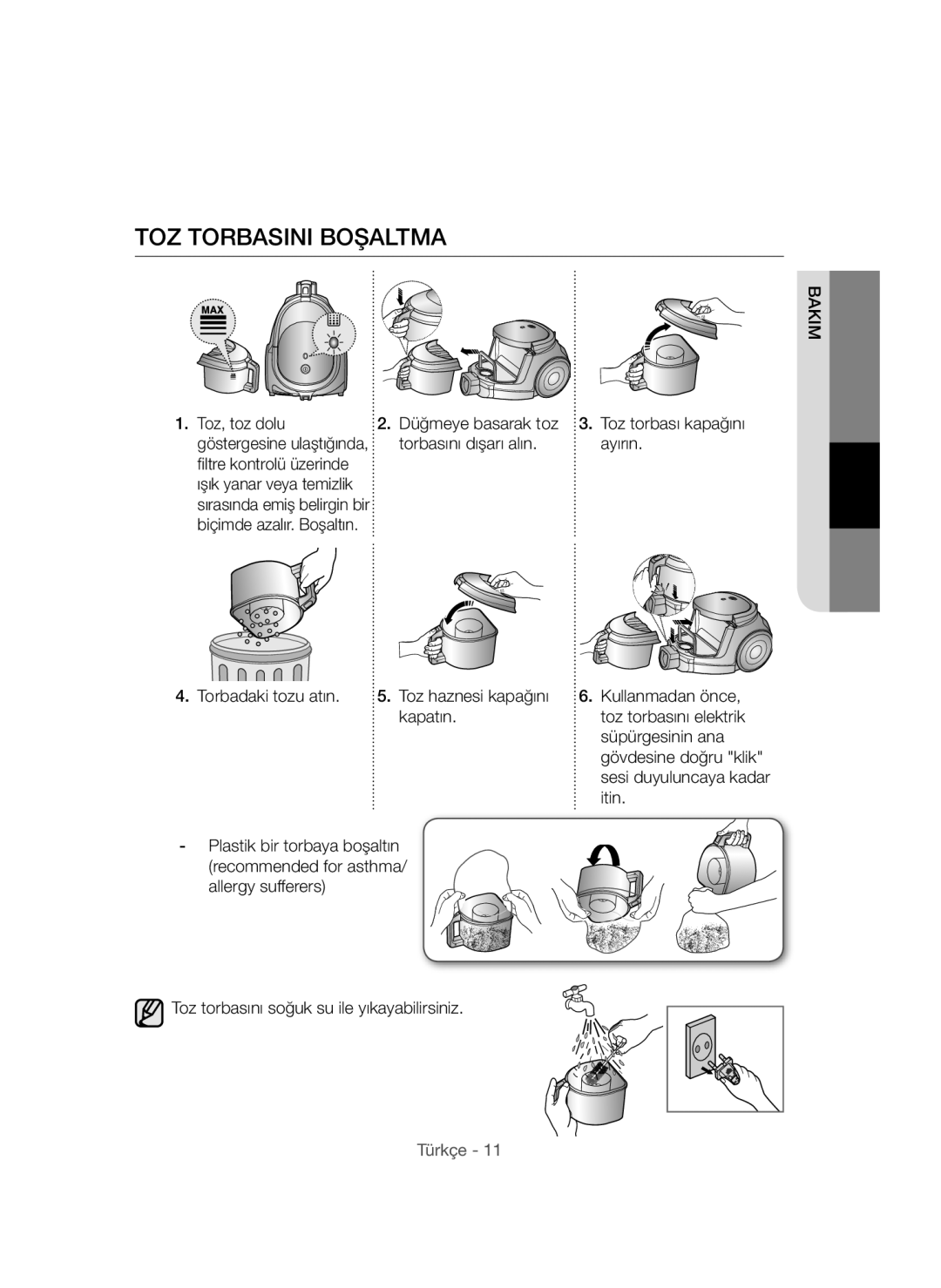 Samsung VCC44E2S3V/XTR, VCC4470S3R/XTR manual TOZ Torbasini Boşaltma 