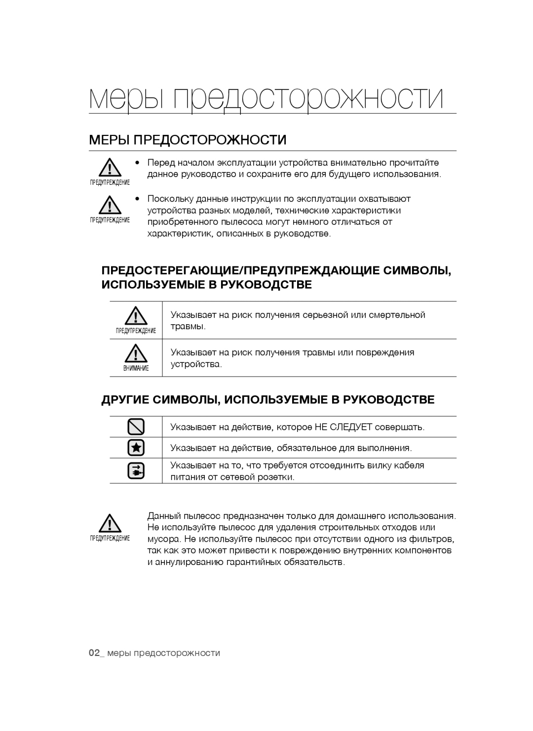 Samsung VCC4471S3B/XEV manual Меры предосторожности, Меры Предосторожности, Другие СИМВОЛЫ, Используемые В Руководстве 