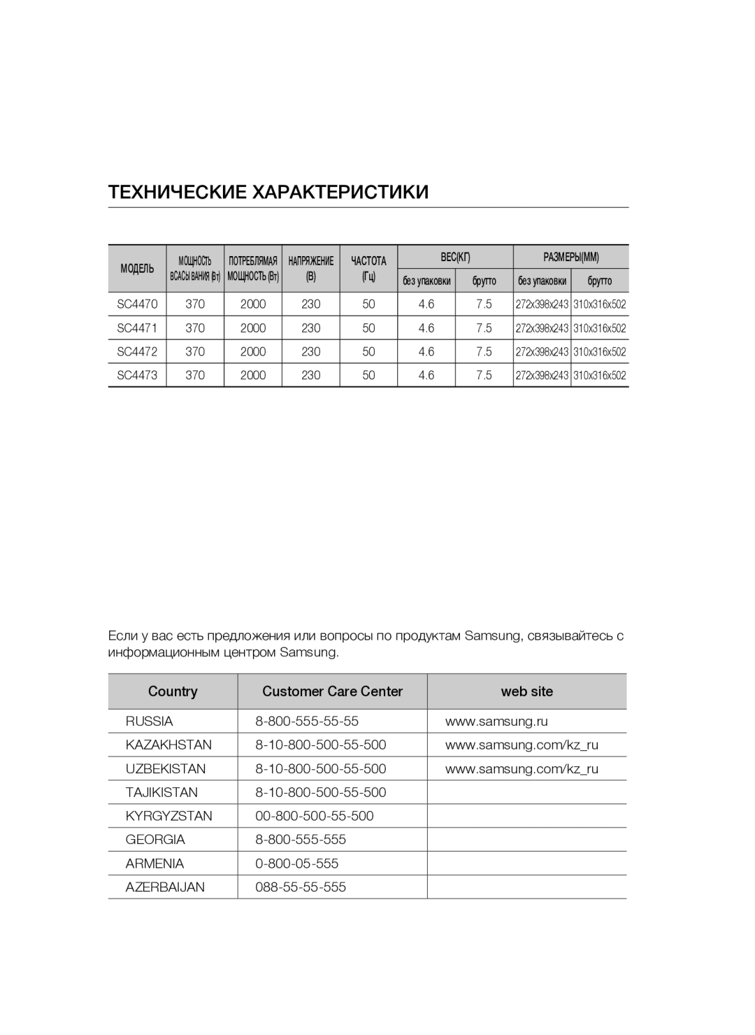 Samsung VCC4476S3G/XEV, VCC4475S3B/XEV, VCC4474S3O/XEV, VCC4477S3R/XEV manual Технические Характеристики 