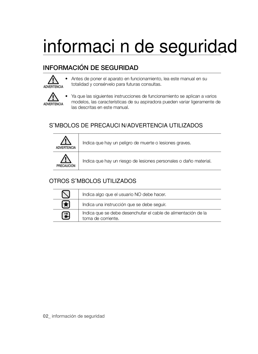 Samsung VCC44E0S3B/XEC, VCC4470S3B/XEC manual Información de seguridad, Información DE Seguridad 