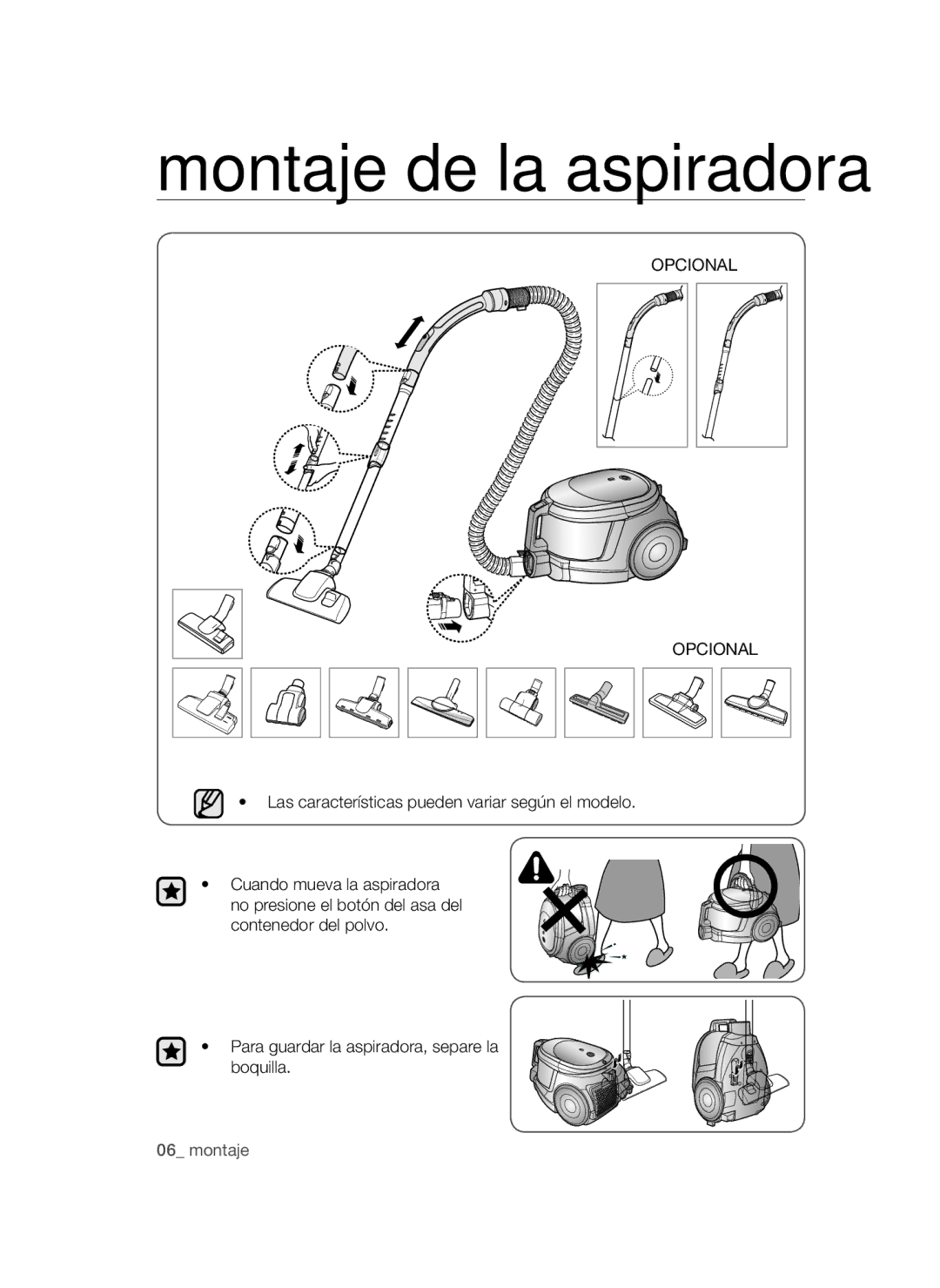 Samsung VCC44E0S3B/XEC, VCC4470S3B/XEC manual Montaje de la aspiradora, Opcional 