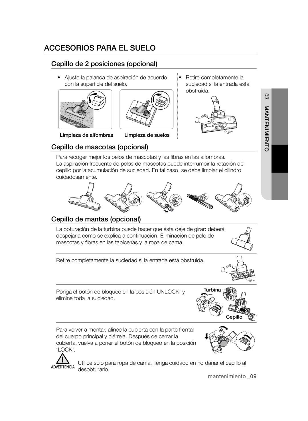 Samsung VCC4470S3B/XEC, VCC44E0S3B/XEC manual Accesorios Para EL Suelo, Mantenimiento 