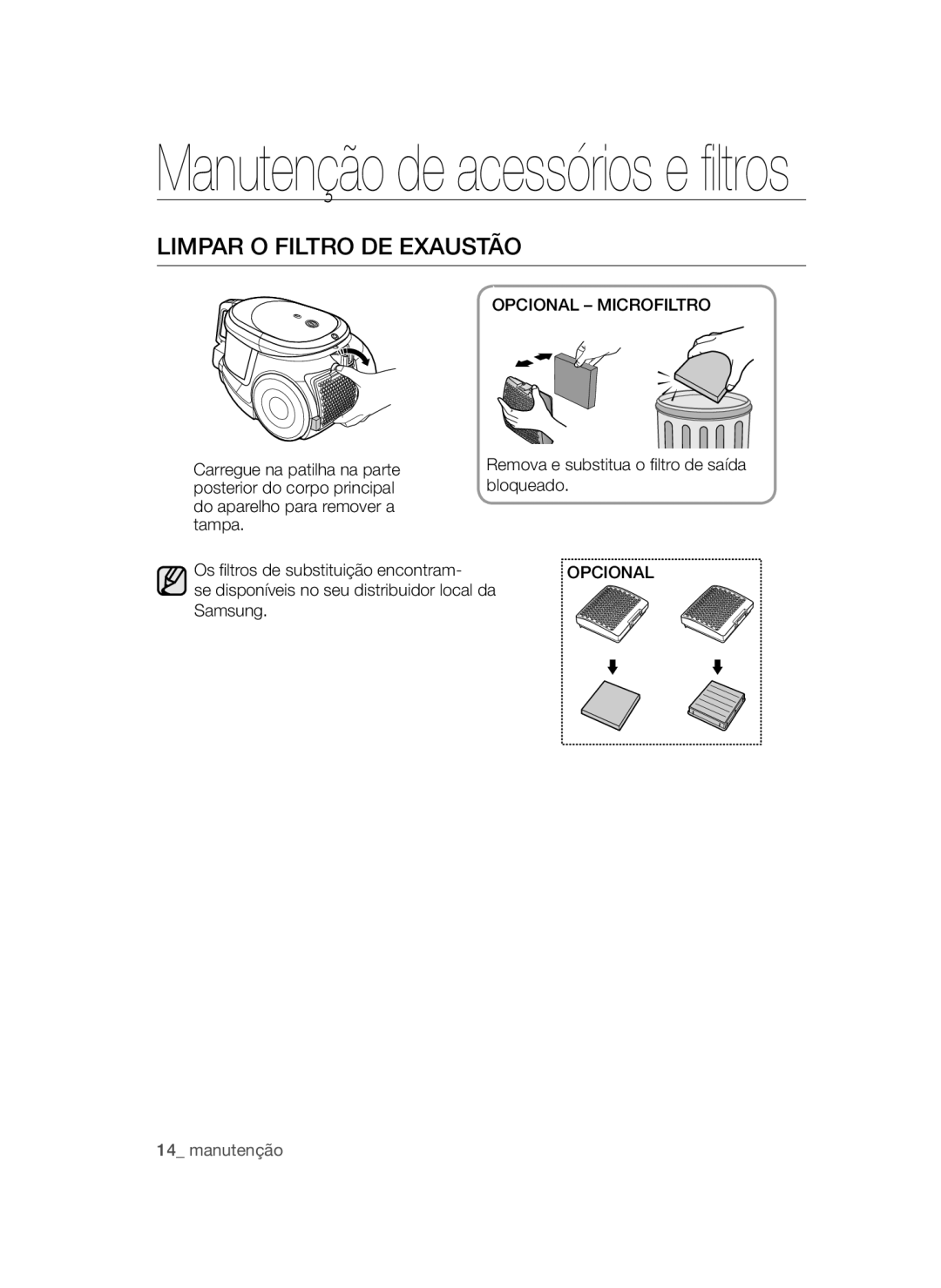 Samsung VCC44E0S3B/XEC, VCC4470S3B/XEC manual Limpar O Filtro DE Exaustão, Opcional Microfiltro 