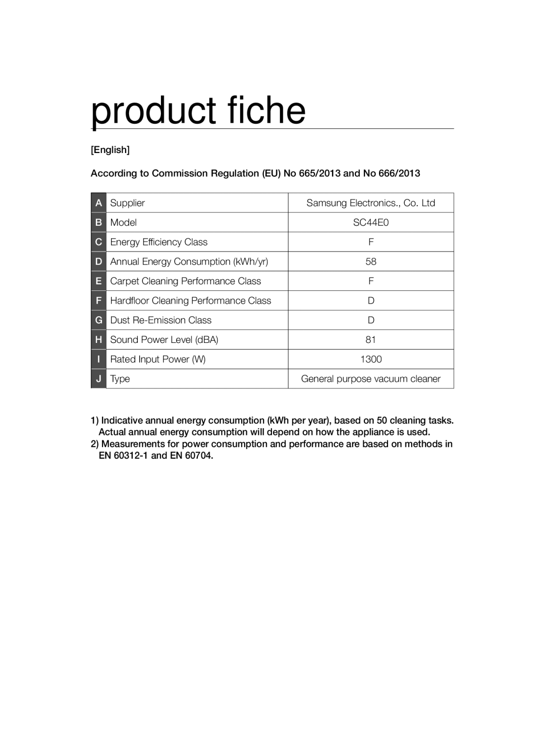 Samsung VCC44E0S3G/XSB, VCC44E0S3B/XSB Product fiche, Energy Efficiency Class, Carpet Cleaning Performance Class, Type 