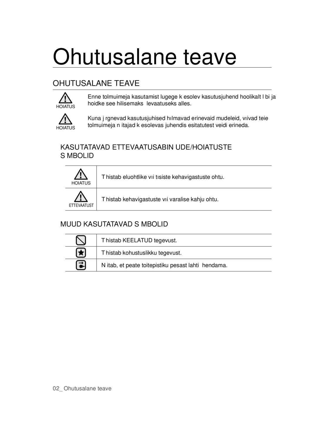 Samsung VCC44E0S3O/XSB manual Ohutusalane teave, Ohutusalane Teave, Kasutatavad ETTEVAATUSABINÕUDE/HOIATUSTE Sümbolid 