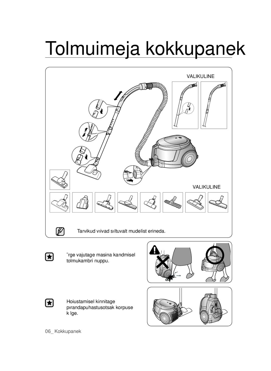 Samsung VCC44E0S3R/XSB, VCC44E0S3G/XSB manual Tolmuimeja kokkupanek, Valikuline, Tarvikud võivad sõltuvalt mudelist erineda 