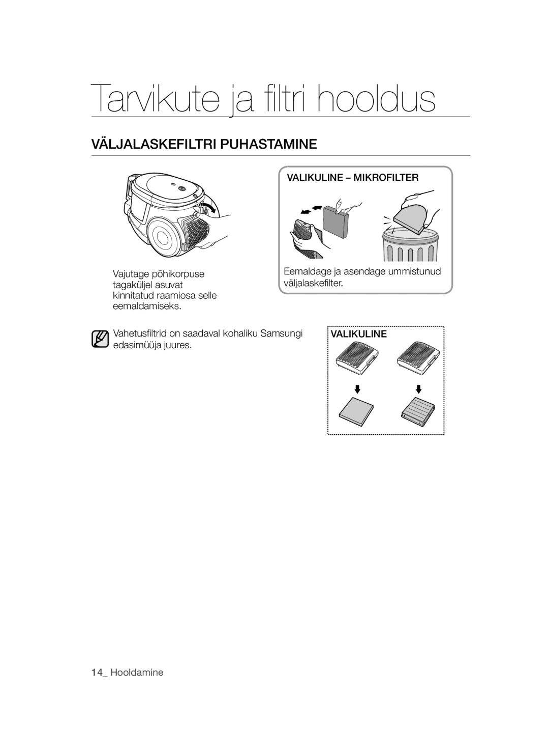 Samsung VCC44E0S3R/XSB, VCC44E0S3G/XSB, VCC44E0S3B/XSB, VCC4470S3G/XSB Väljalaskefiltri Puhastamine, Valikuline Mikrofilter 