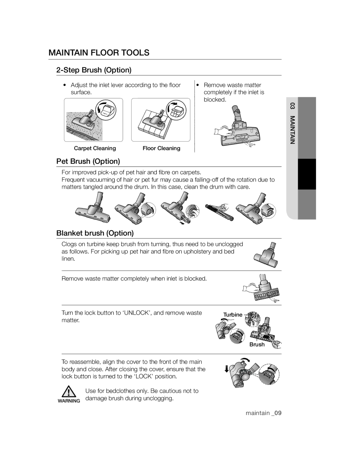 Samsung VCC44E0S3B/XSB, VCC44E0S3G/XSB Maintain Floor Tools, Step Brush Option, Pet Brush Option, Blanket brush Option 