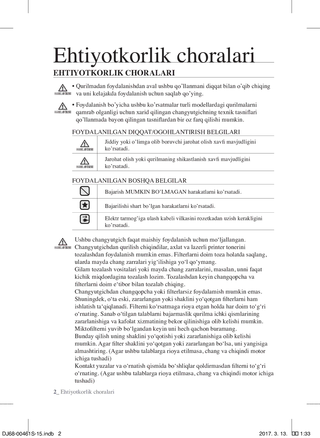 Samsung VCC4520S3B/XEV, VCC4520S3S/XEV manual Ehtiyotkorlik choralari, Ehtiyotkorlik Choralari 