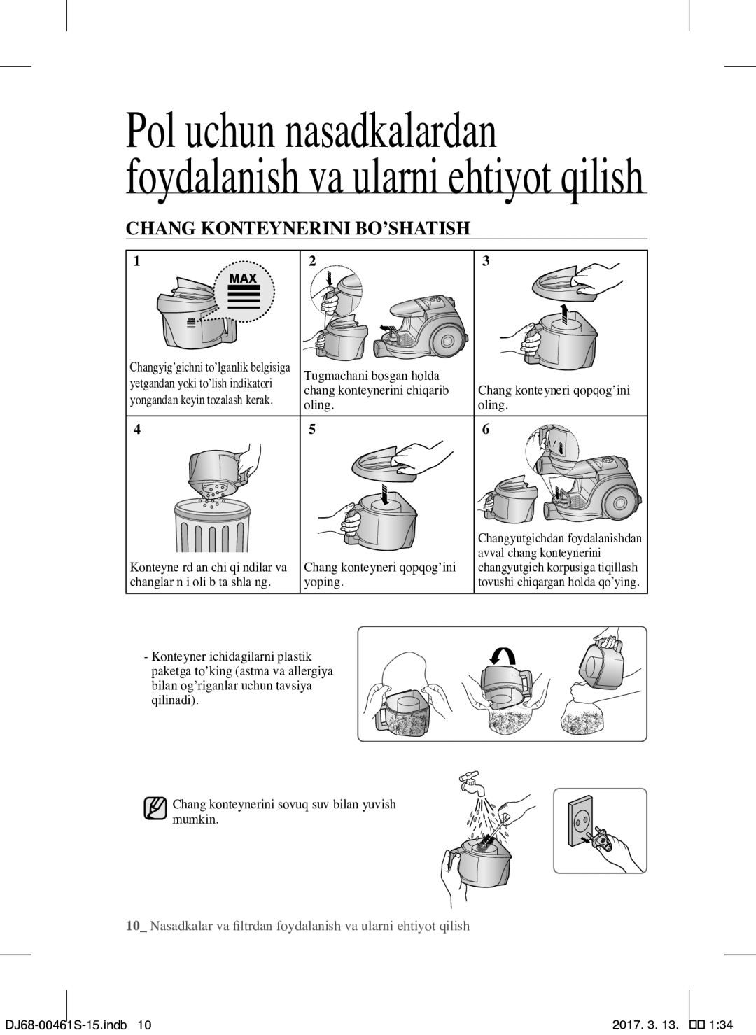 Samsung VCC4520S3B/XEV, VCC4520S3S/XEV manual Chang Konteynerini BO’SHATISH, Tugmachani bosgan holda 