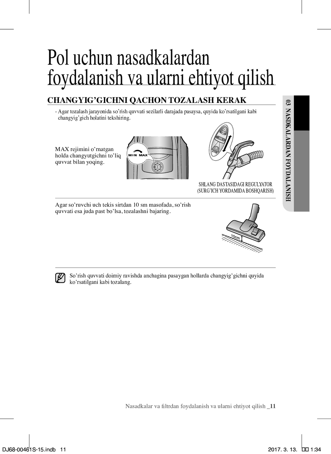 Samsung VCC4520S3S/XEV, VCC4520S3B/XEV manual CHANGYIG’GICHNI Qachon Tozalash Kerak 