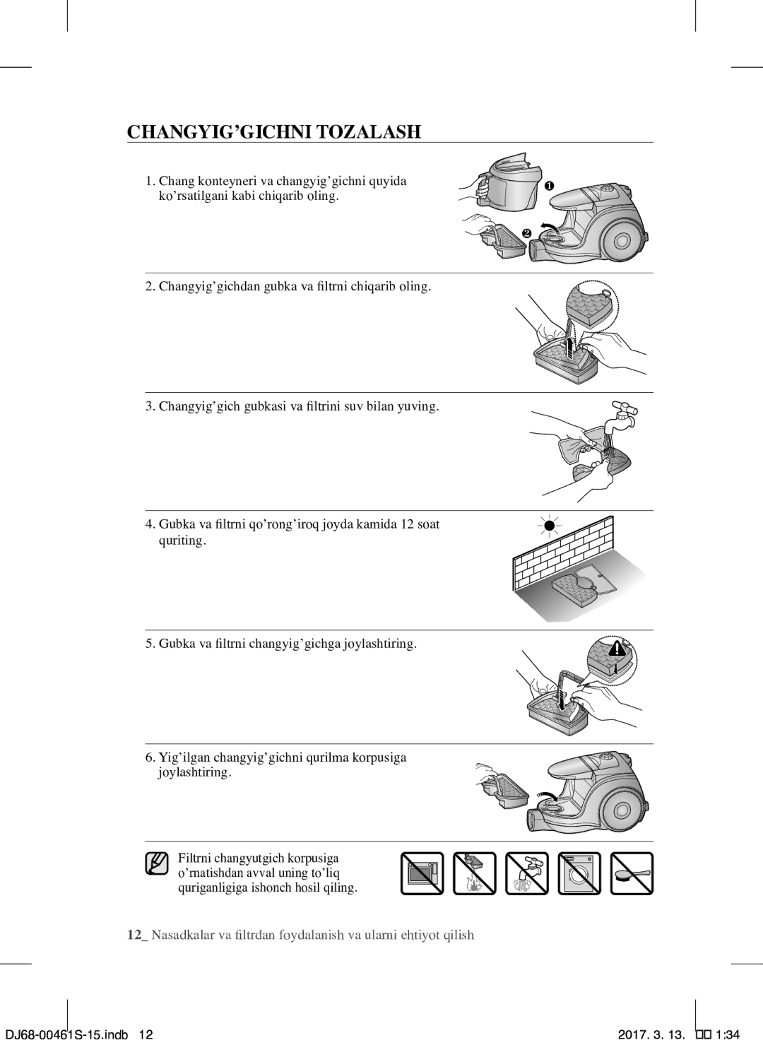 Samsung VCC4520S3B/XEV, VCC4520S3S/XEV manual CHANGYIG’GICHNI Tozalash 