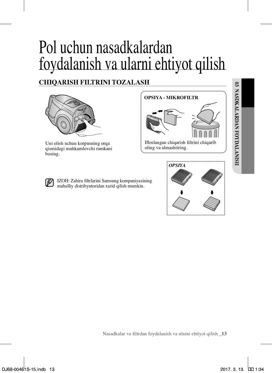 Samsung VCC4520S3S/XEV, VCC4520S3B/XEV manual Chiqarish Filtrini Tozalash, Opsiya Mikrofiltr 