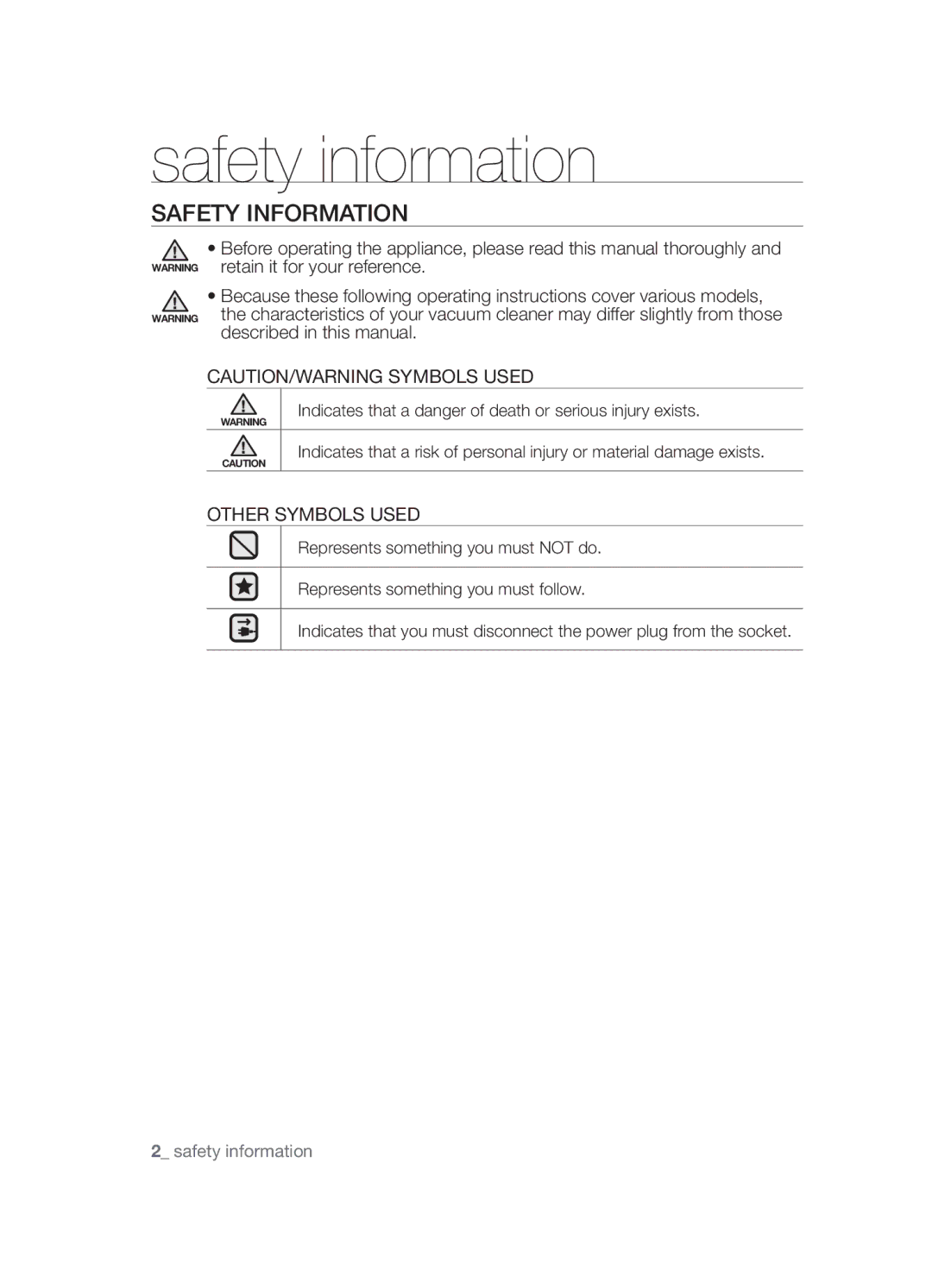 Samsung VCC4520S3B/XSB manual Safety information 