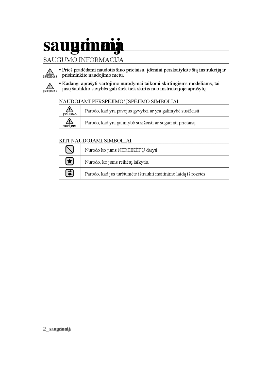 Samsung VCC4520S3B/XSB manual Saugumo informacija 