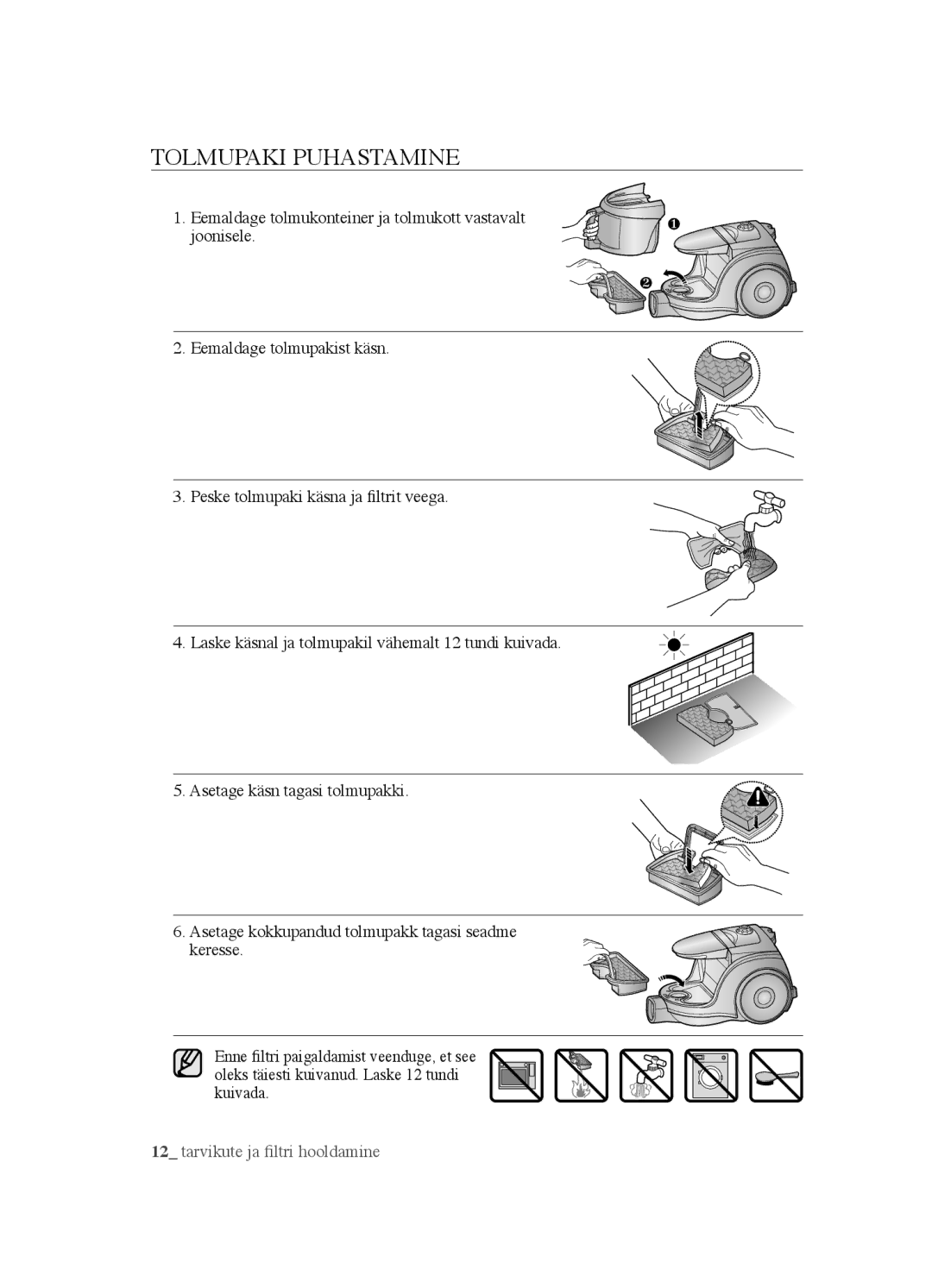 Samsung VCC4520S3B/XSB manual Tolmupaki Puhastamine 