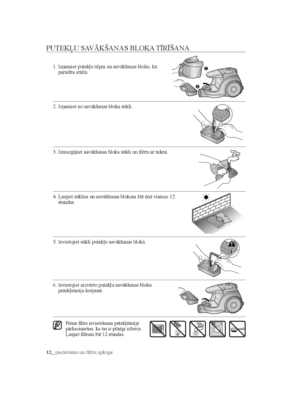 Samsung VCC4520S3B/XSB manual Putekļu Savākšanas Bloka Tīrīšana 