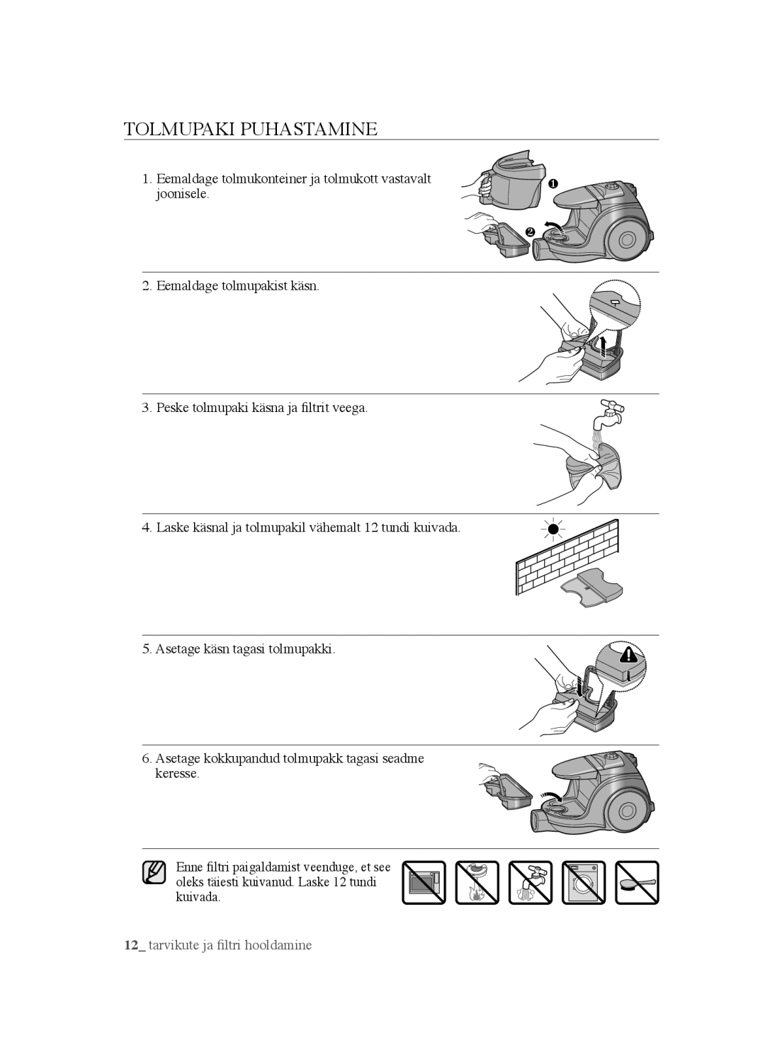 Samsung VCC4520S3B/XSB manual Tolmupaki Puhastamine 