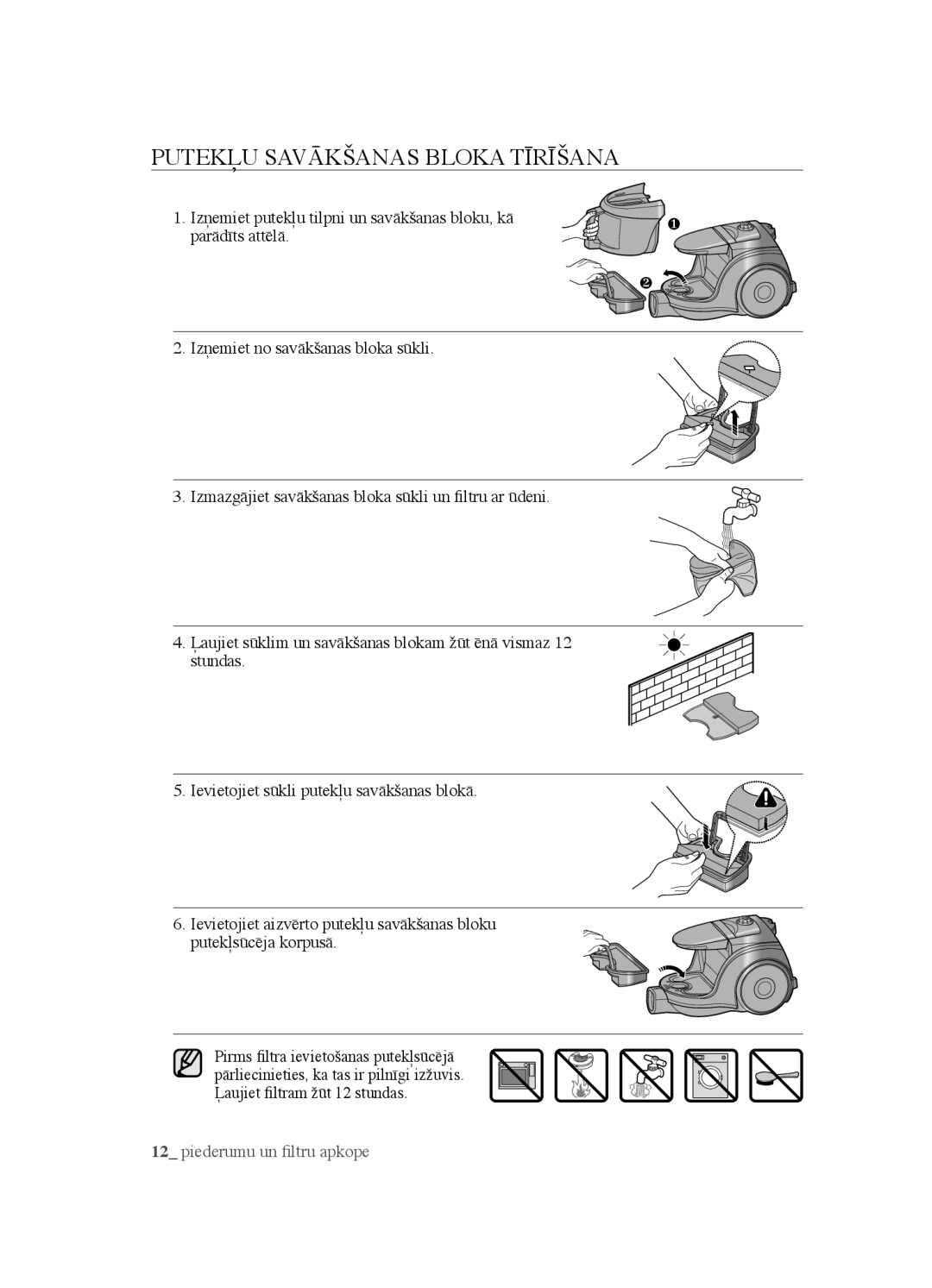 Samsung VCC4520S3B/XSB manual Putekļu Savākšanas Bloka Tīrīšana 