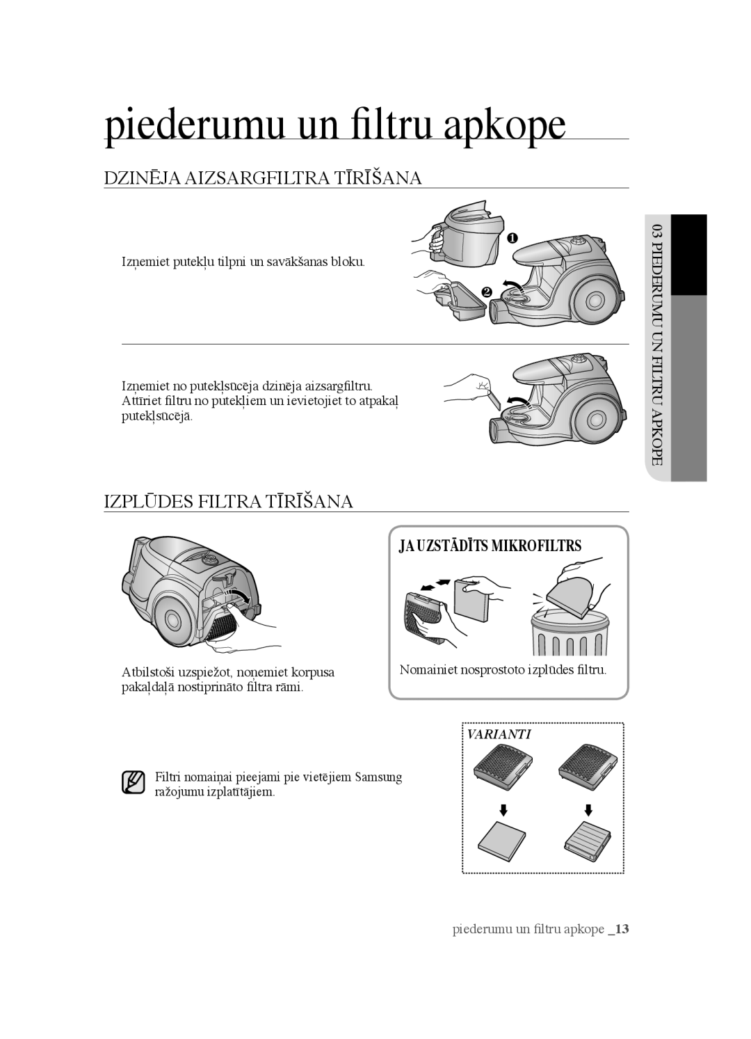 Samsung VCC4520S3B/XSB manual Dzinēja Aizsargfiltra Tīrīšana, Izplūdes Filtra Tīrīšana 