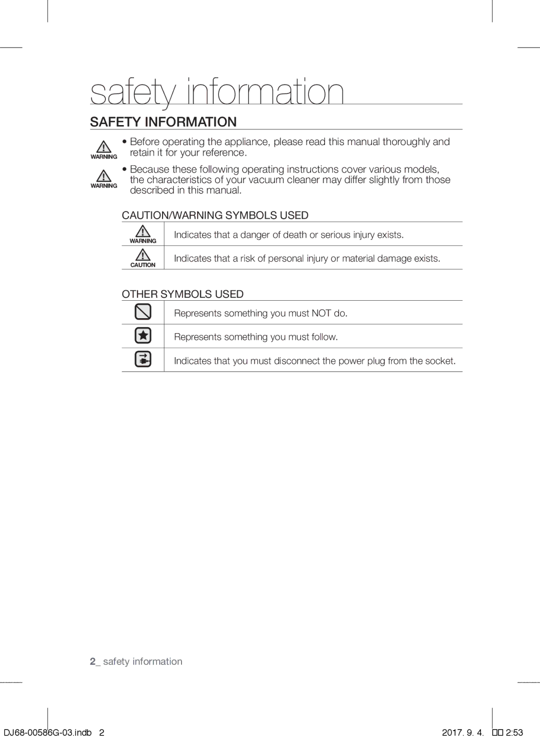 Samsung VCC4540S4B/XME, VCC4540S3B/XST manual Safety information, Safety Information 