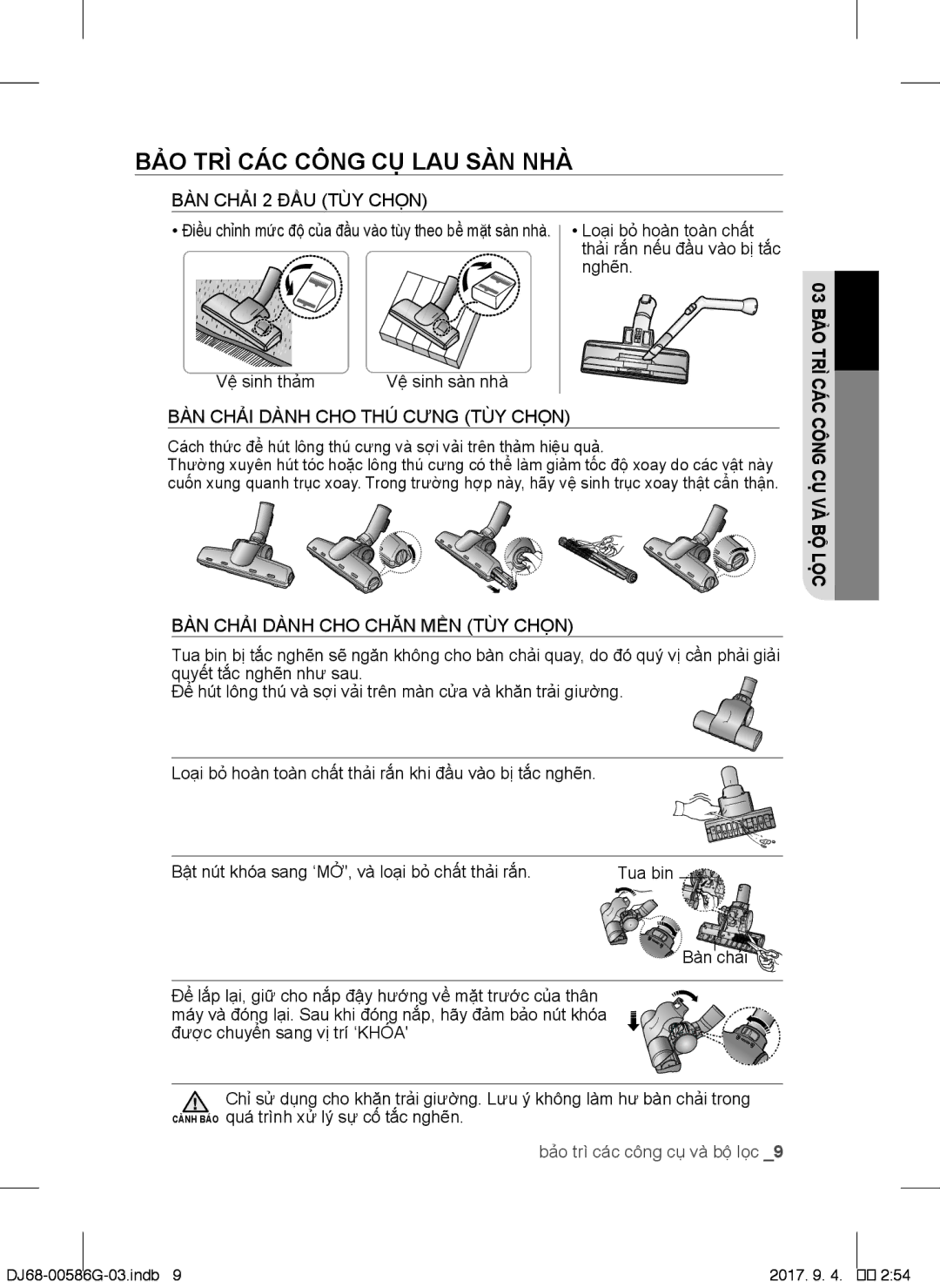 Samsung VCC4540S3B/XST, VCC4540S4B/XME manual BẢ̉O TRÌ CÁ́C Công CỤ LAU SÀ̀N NHÀ̀, BAN CHẢI 2 ĐẦU TÙY CHỌN 