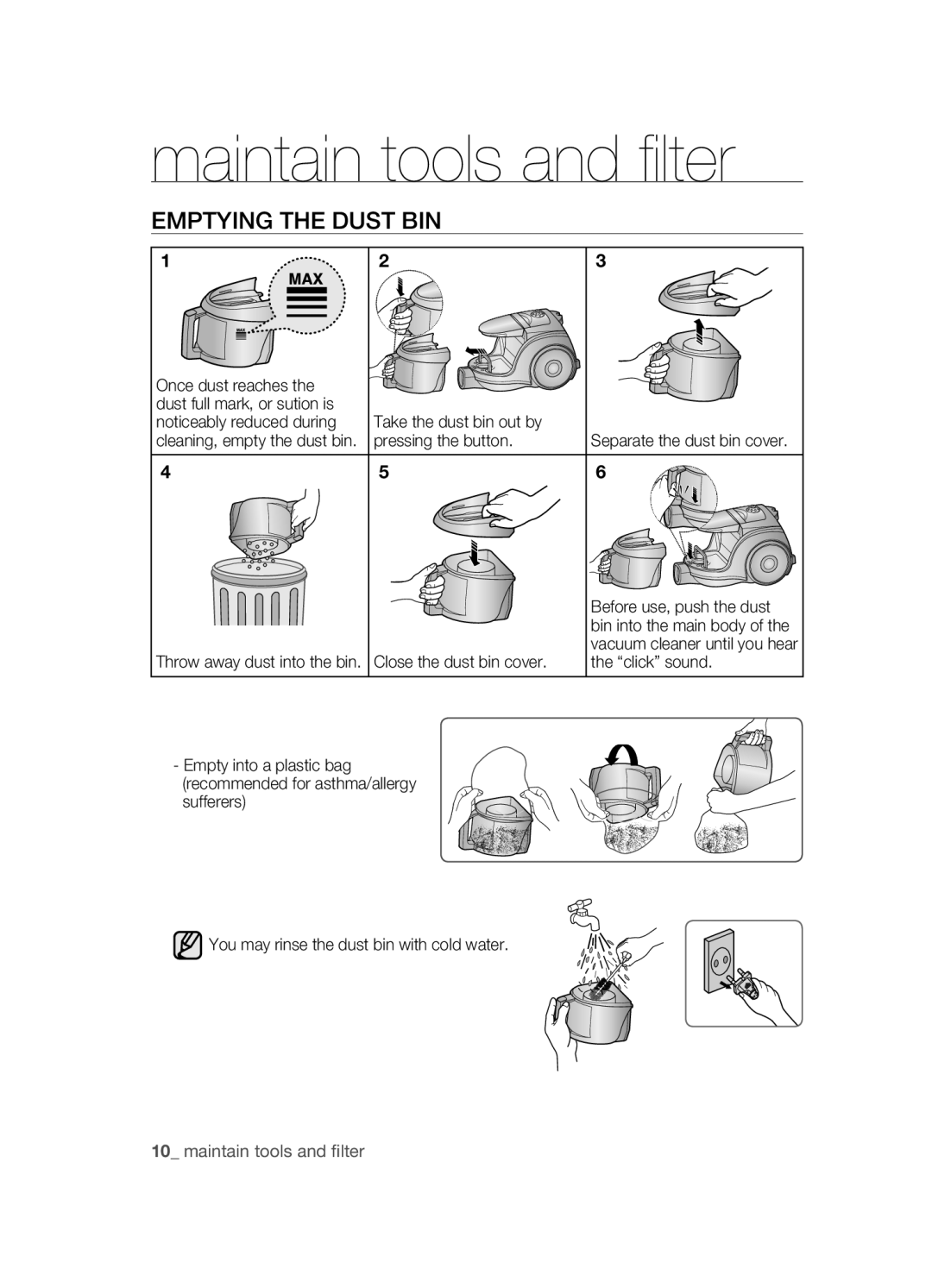 Samsung VCC4540S4B/XME, VCC4581V3K/XMA manual Emptying ThE Dust bIN, Once dust reaches, Pressing the button, Click sound 