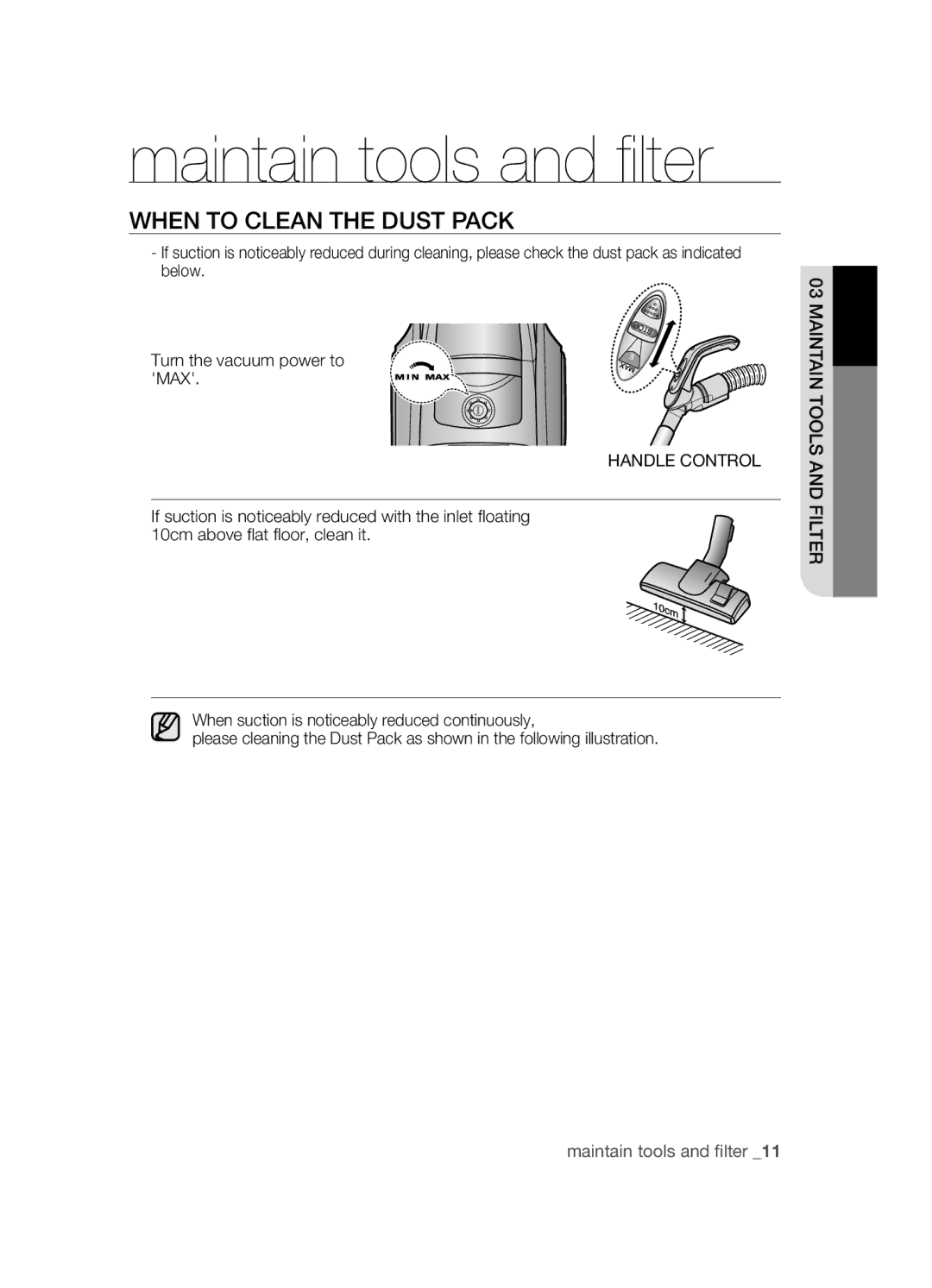 Samsung VCC4581V3K/XMA, VCC4540S4B/XME manual WhEN to clEAN ThE Dust PAcK, Handle Control 