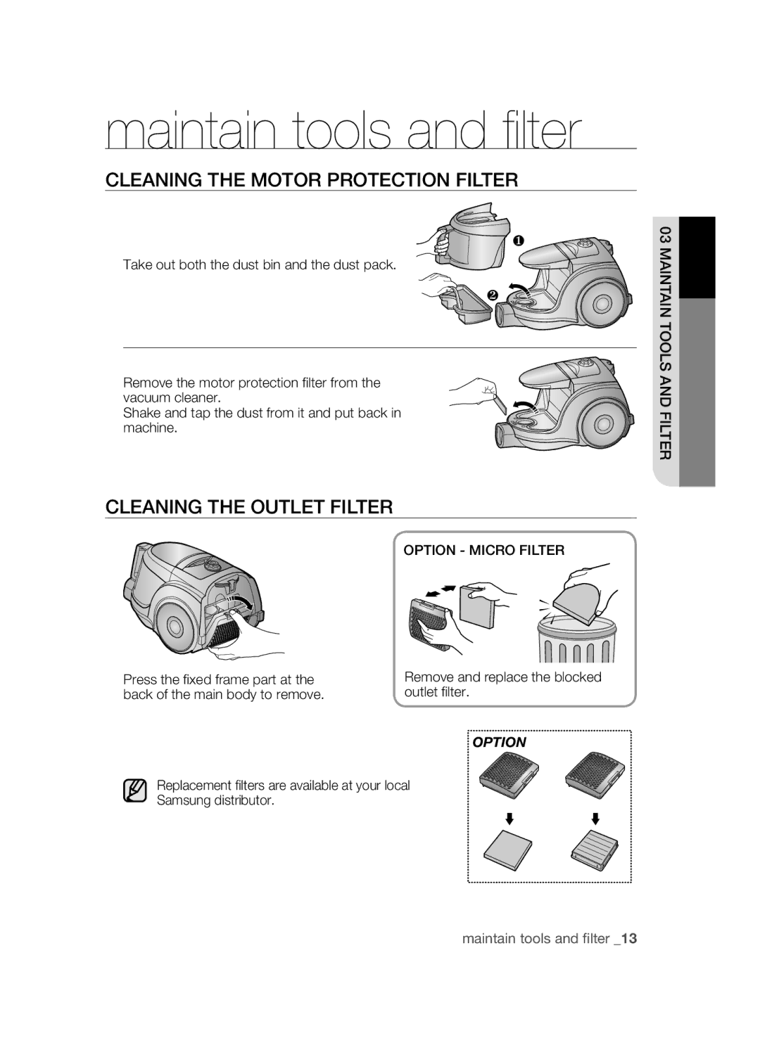 Samsung VCC4581V3K/XMA manual ClEANING ThE Motor PROTEcTION FIlTER, ClEANING ThE OUTlET FIlTER, Option Micro Filter 